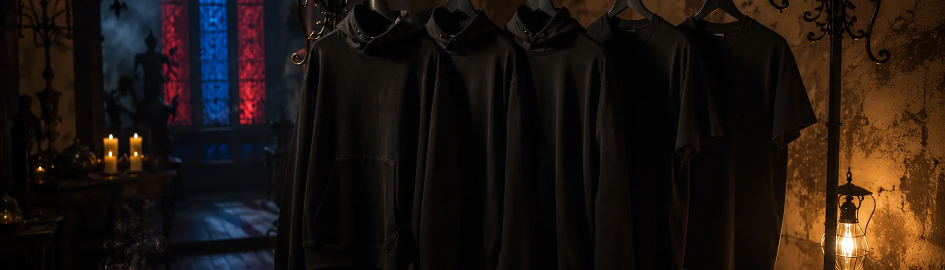 Gothic atelier interior with a wrought-iron rack of plain matte-black NR hoodies and tees lit by candles and a stained-glass window