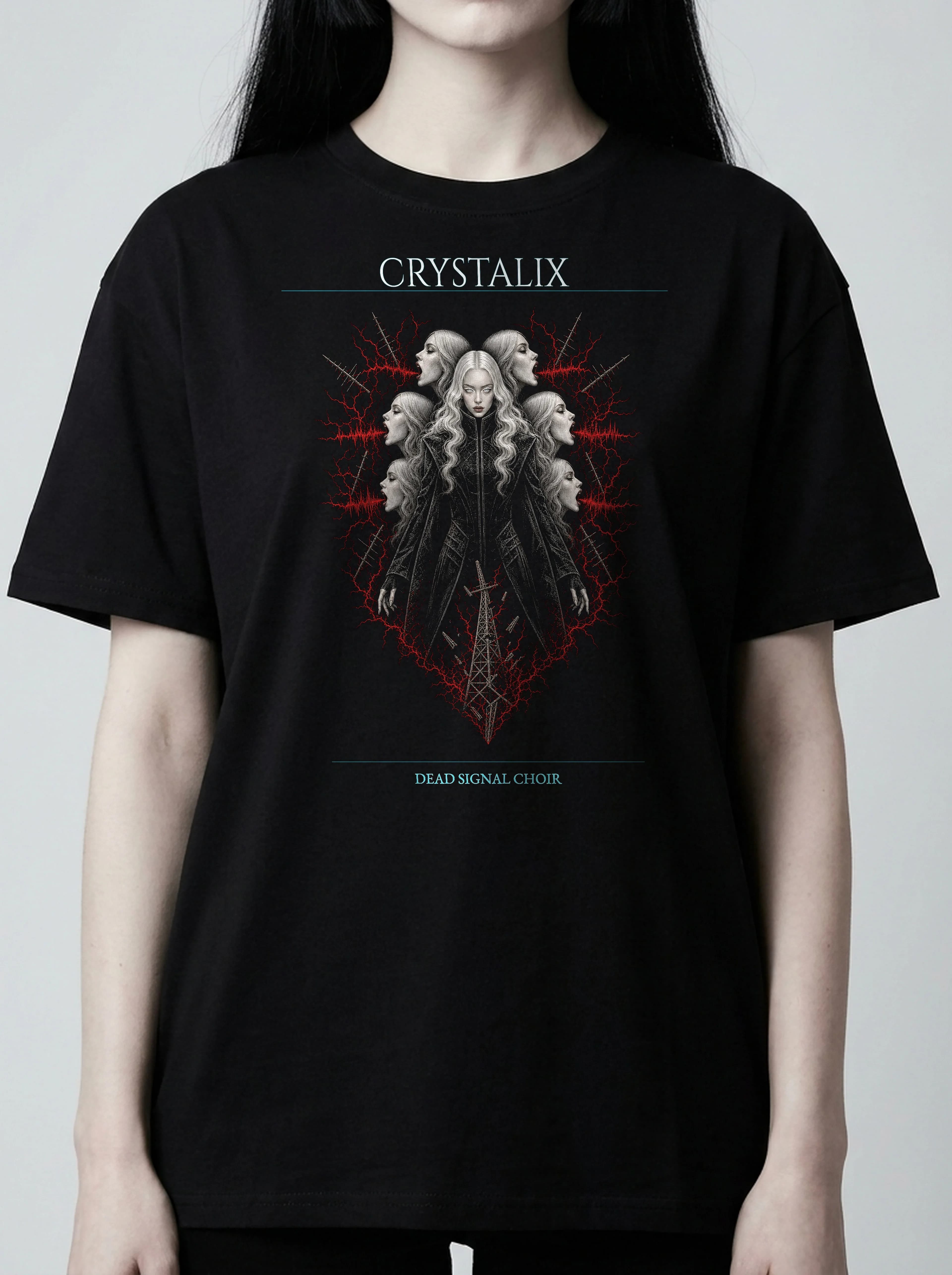 Crystalix T-Shirt: female model, chest detail