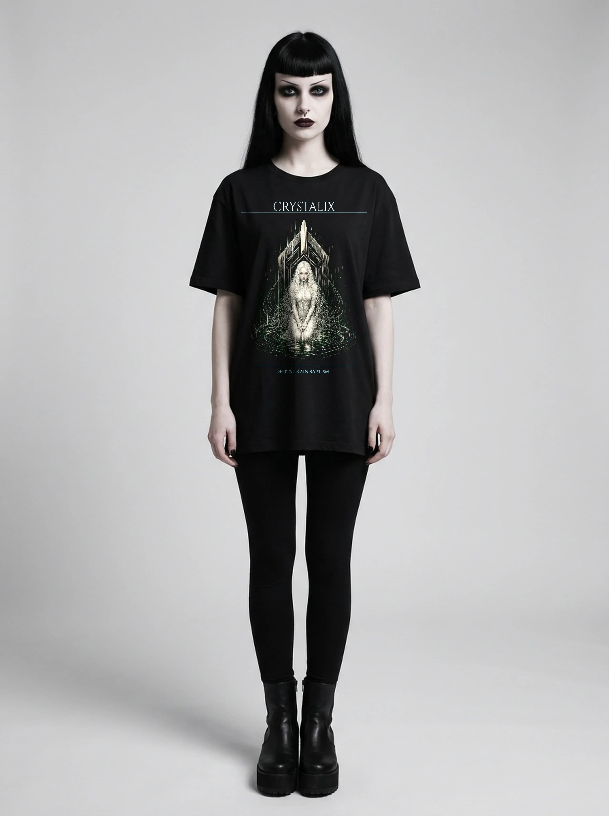 Crystalix T-Shirt: female model, full length