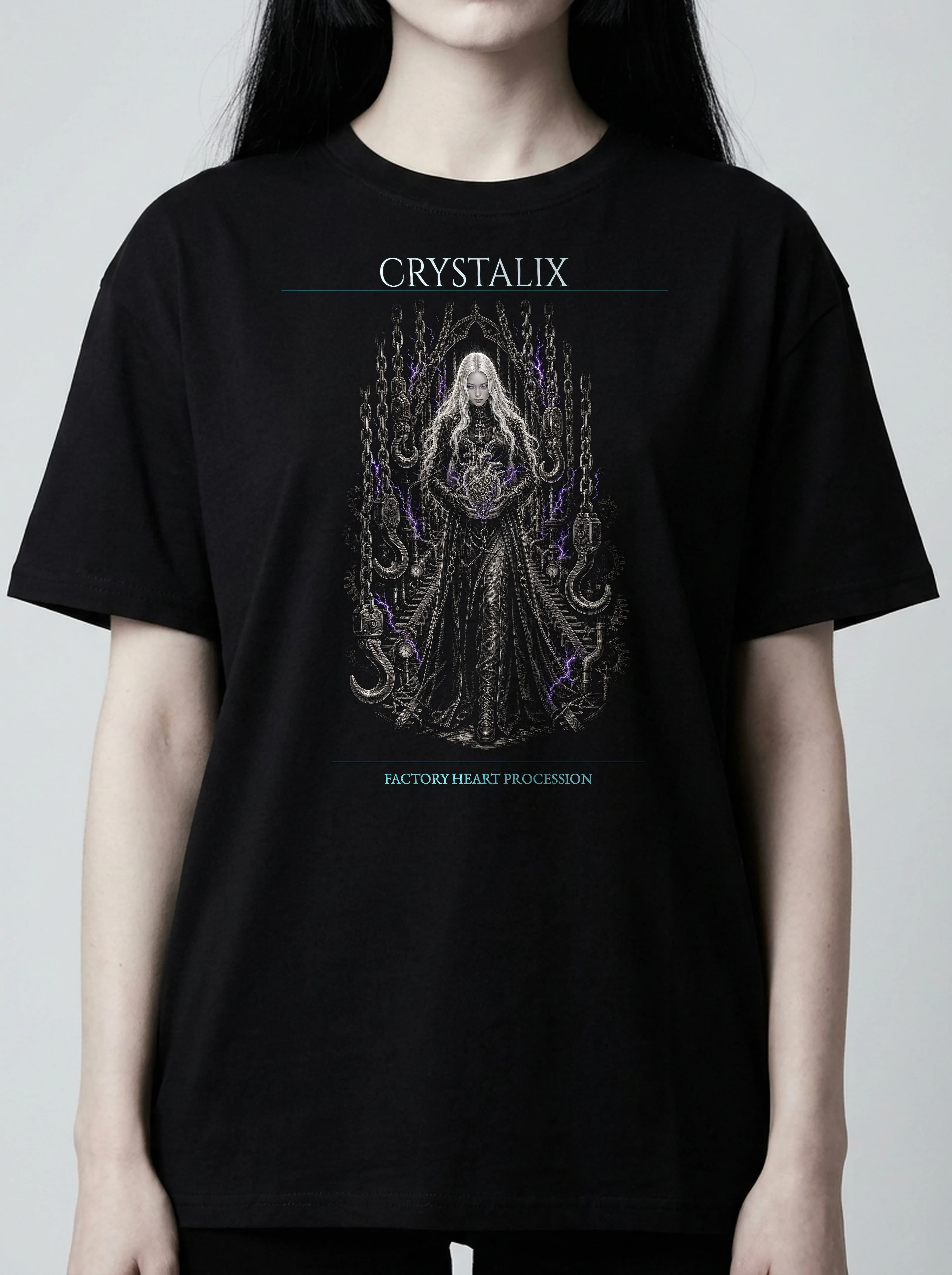 Crystalix T-Shirt: female model, chest detail
