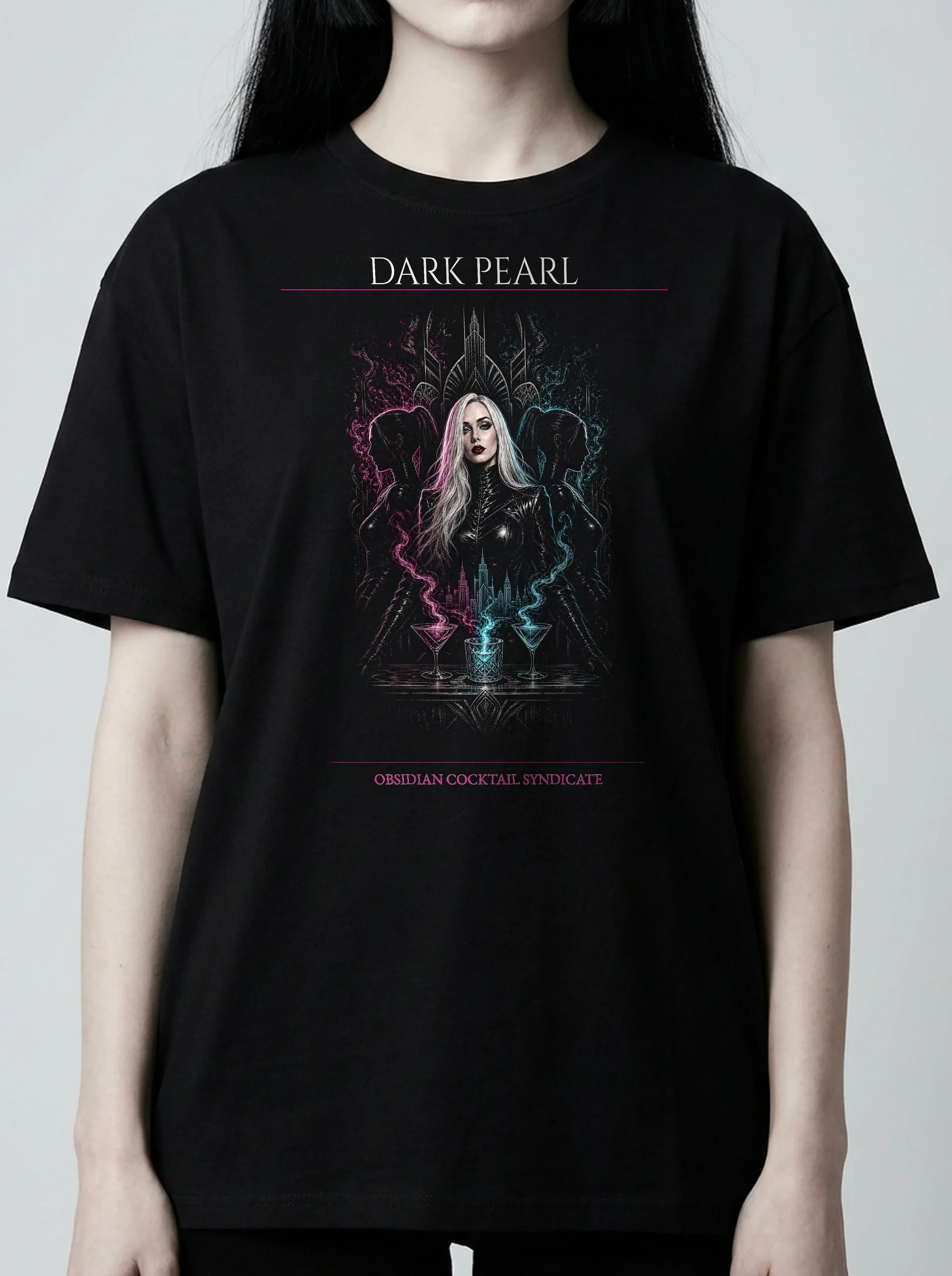 Dark Pearl T-Shirt: female model, chest detail