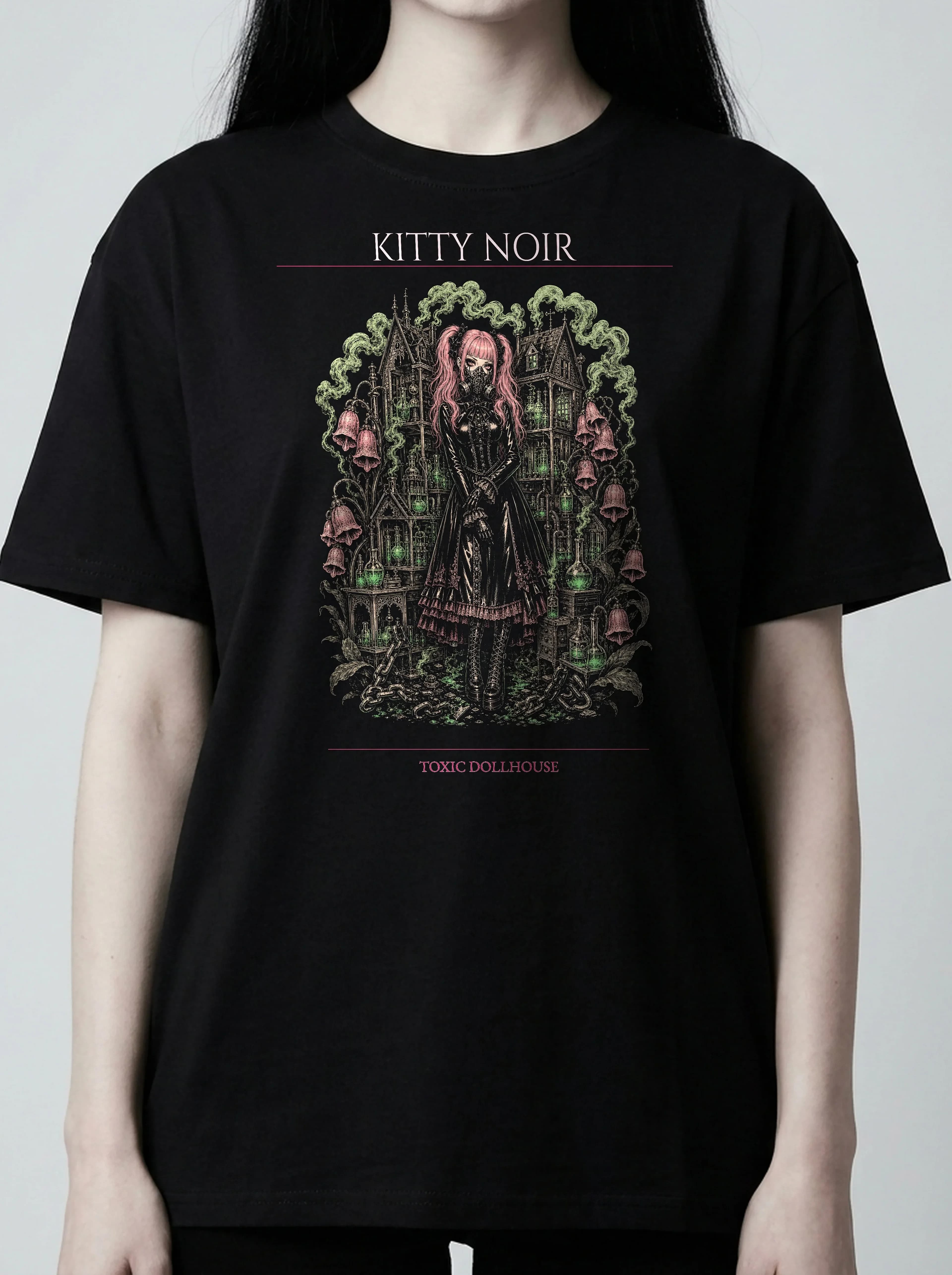 Kitty Noir T-Shirt: female model, chest detail