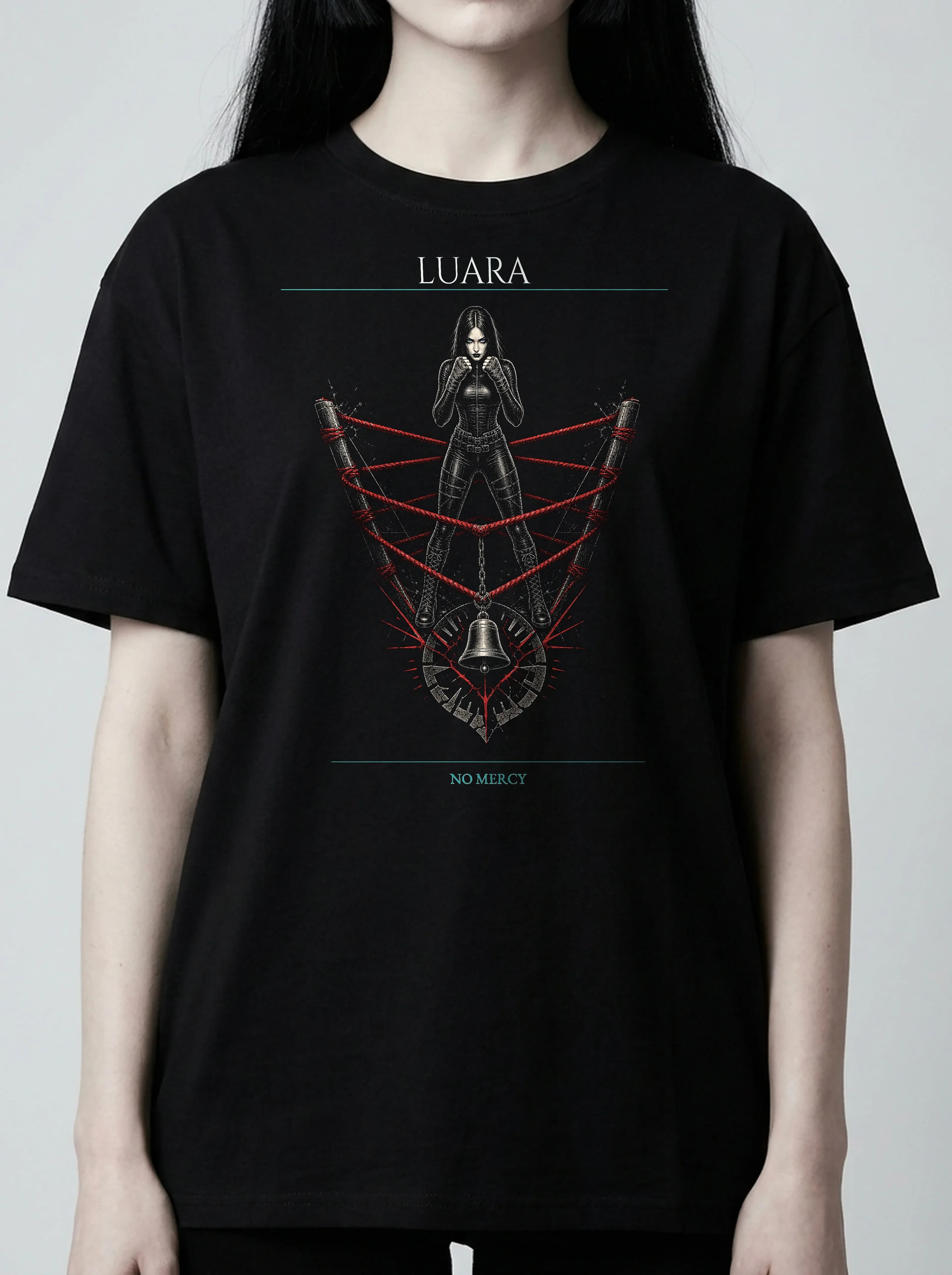 Luara T-Shirt: female model, chest detail