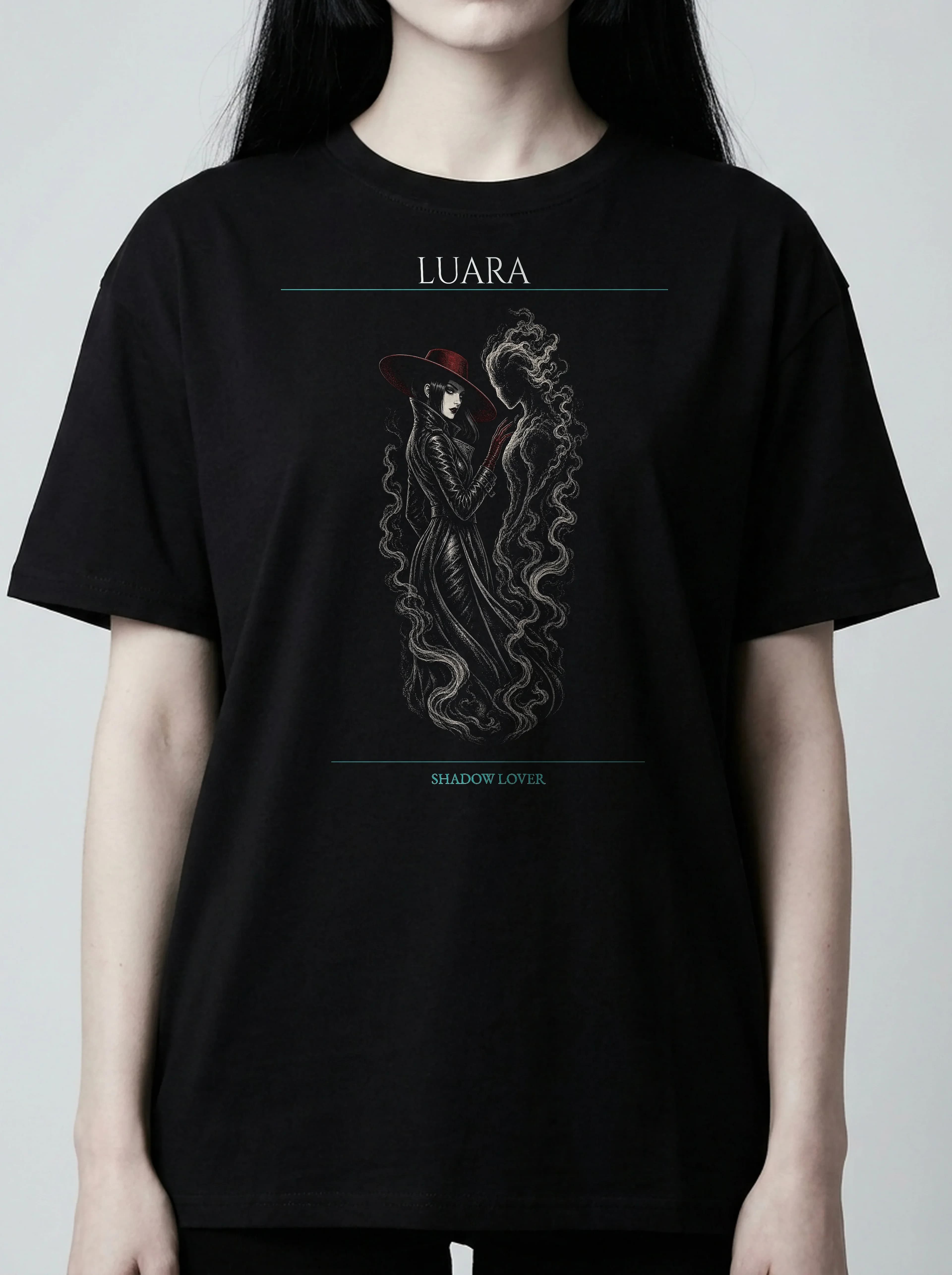 Luara T-Shirt: female model, chest detail