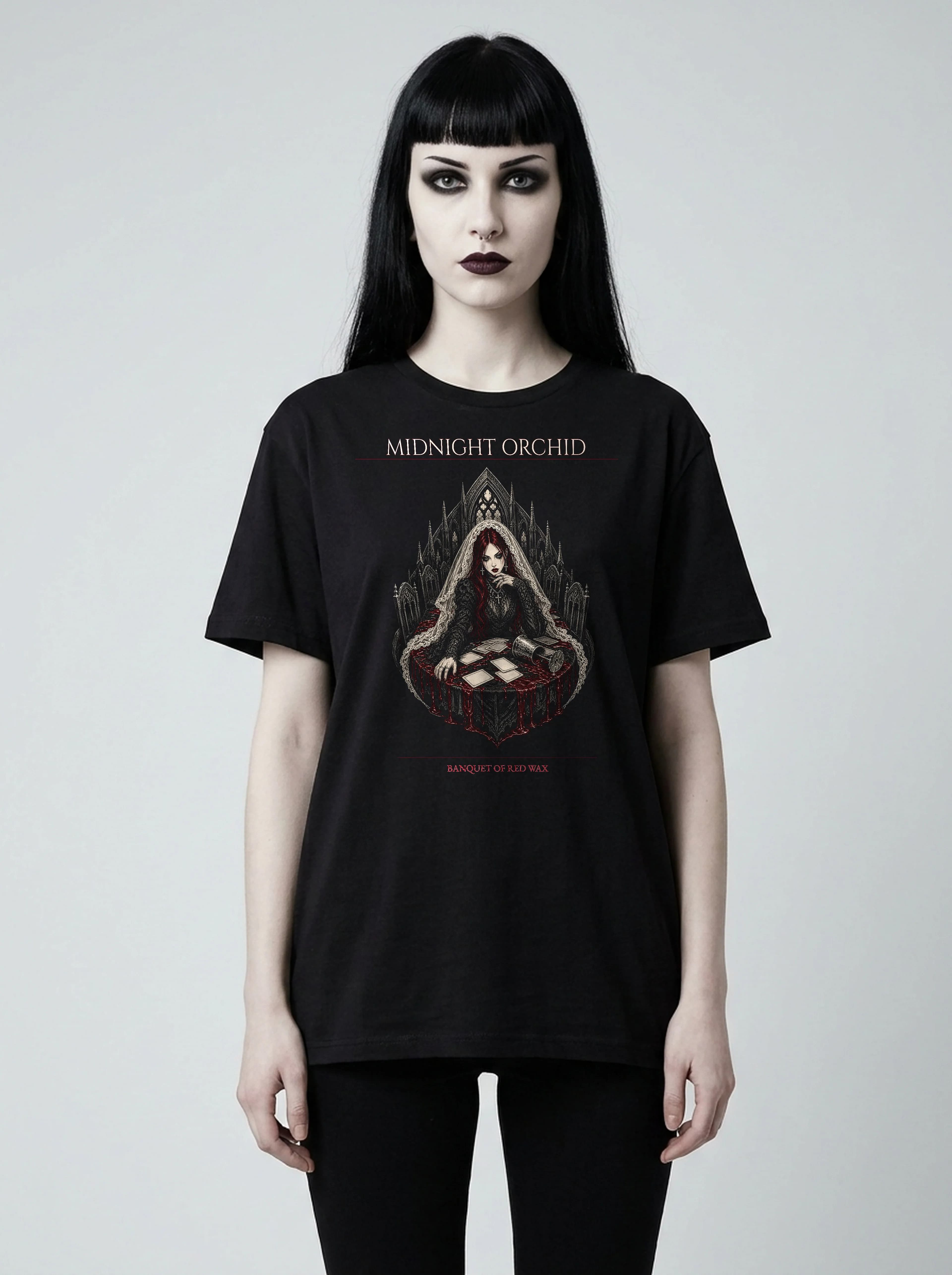 Midnight Orchid T-Shirt: female model, front view