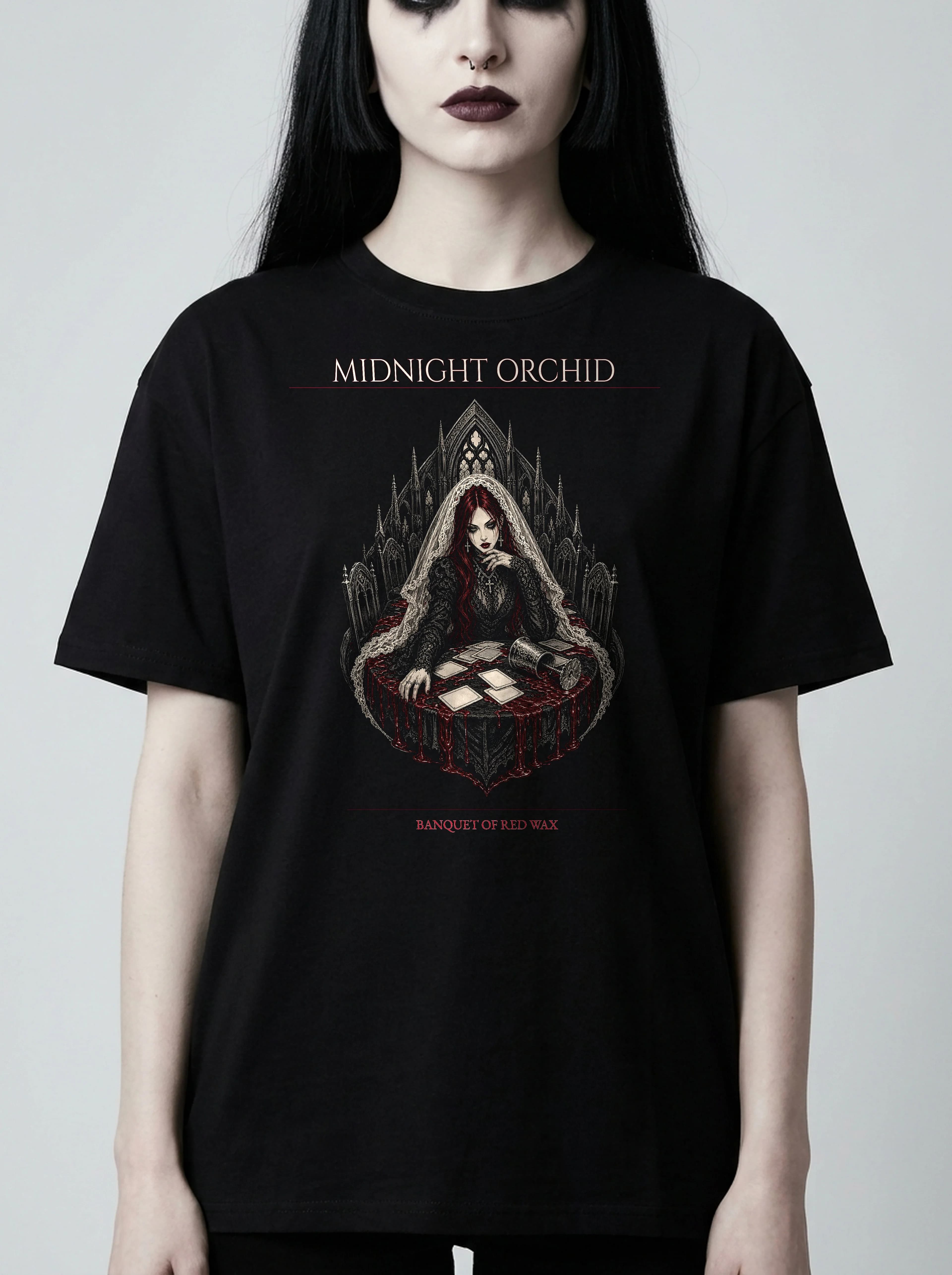 Midnight Orchid T-Shirt: female model, chest detail