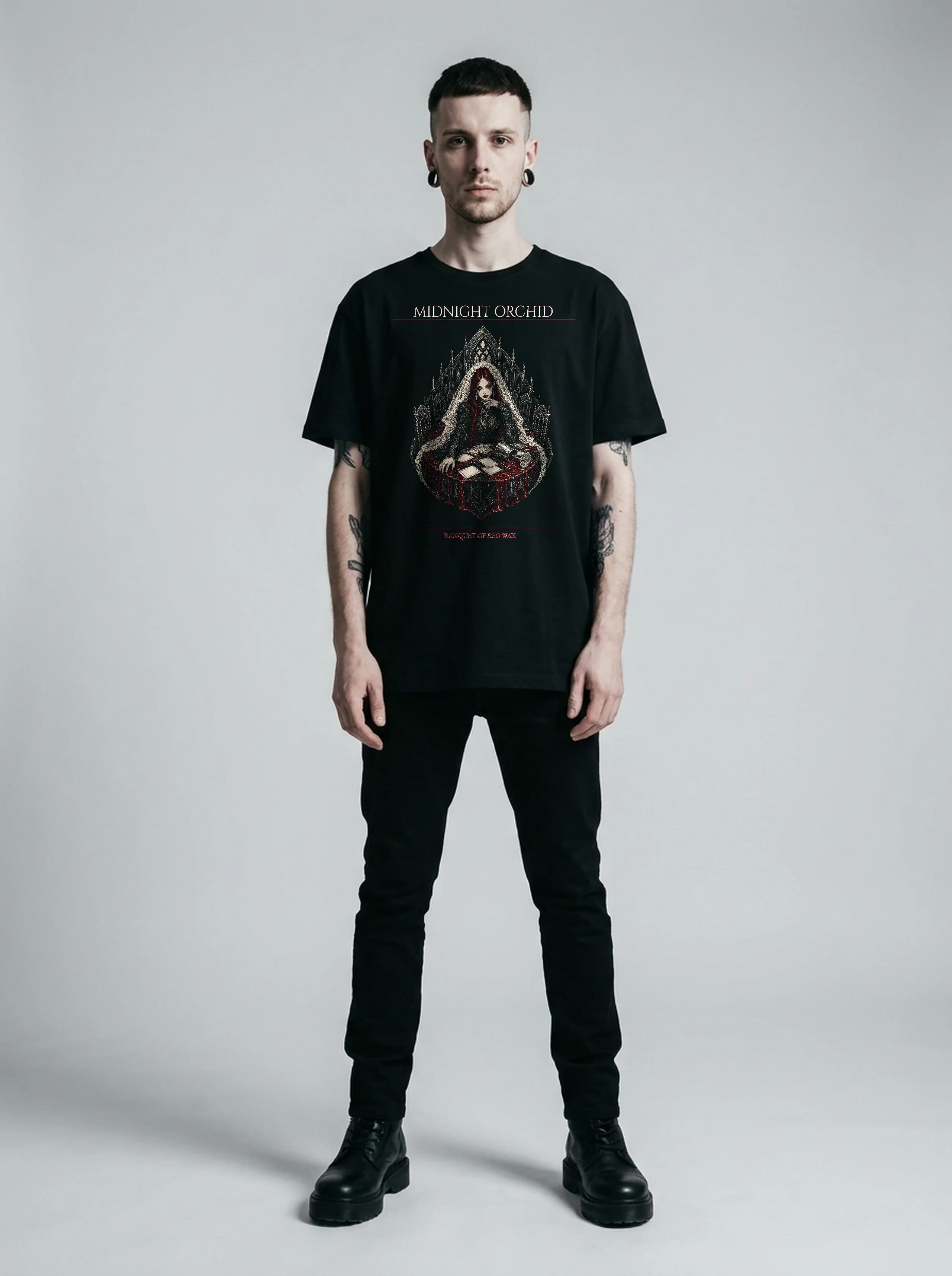 Midnight Orchid T-Shirt: male model, full length
