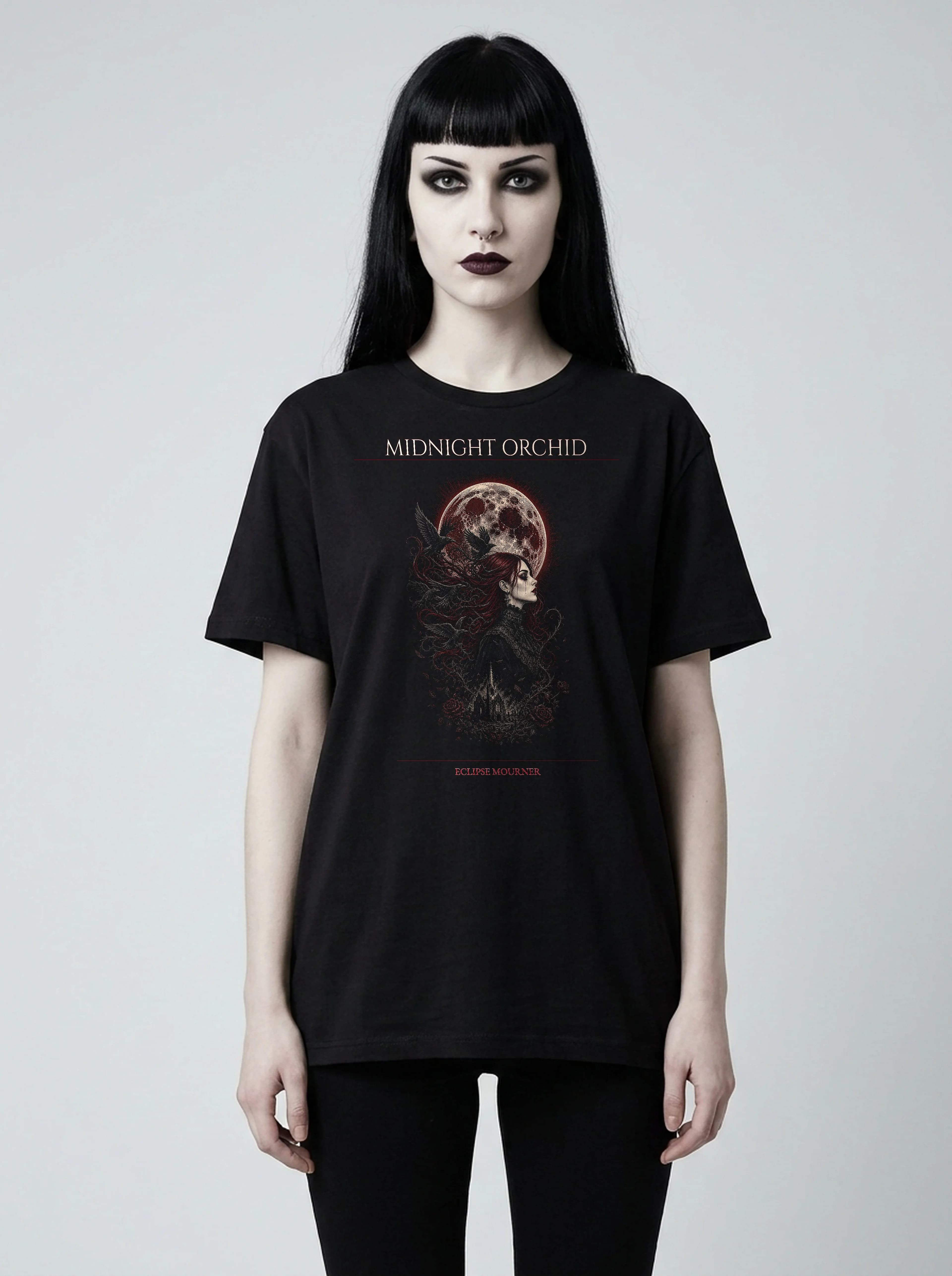 Midnight Orchid T-Shirt: female model, front view