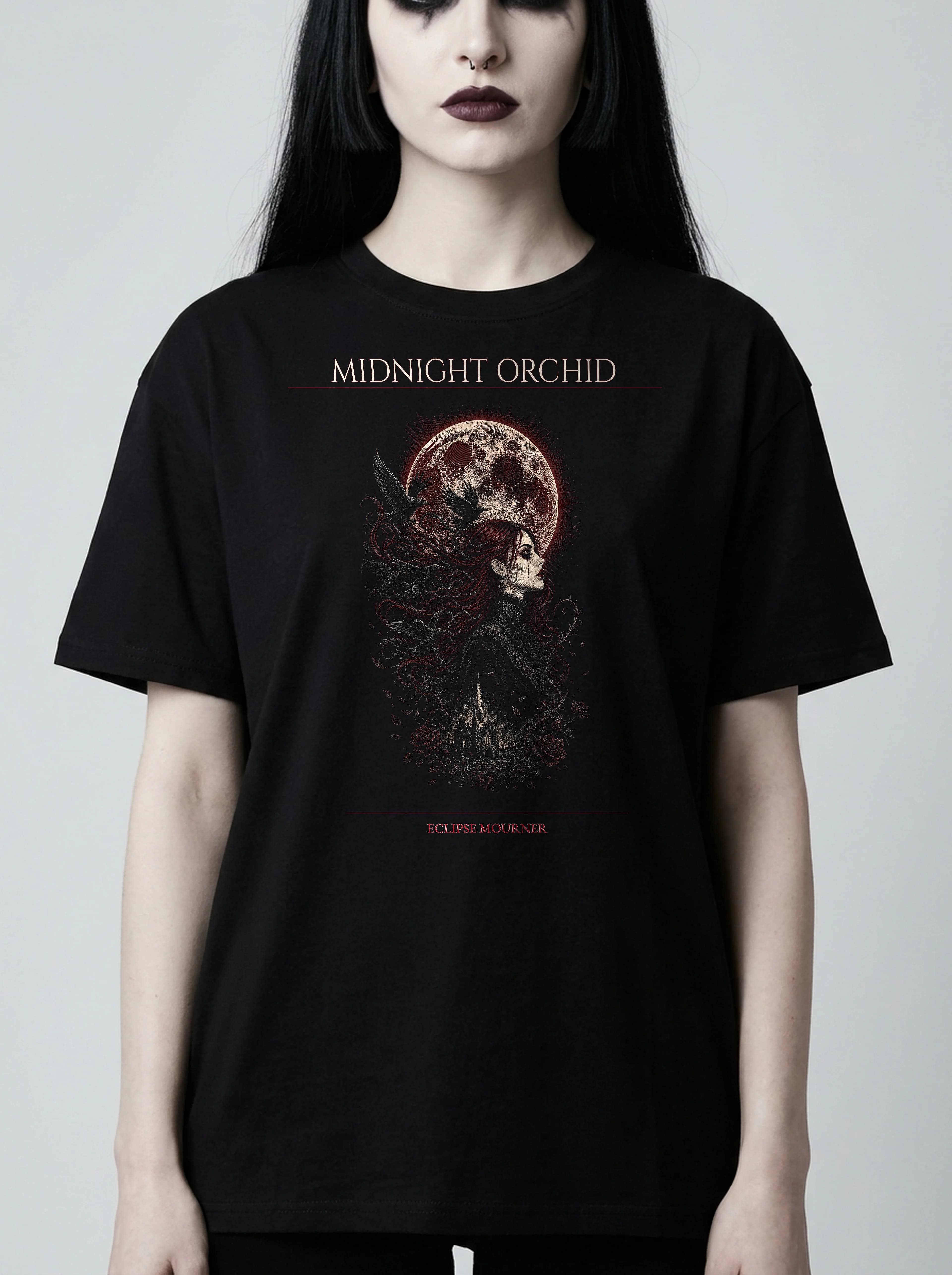 Midnight Orchid T-Shirt: female model, chest detail