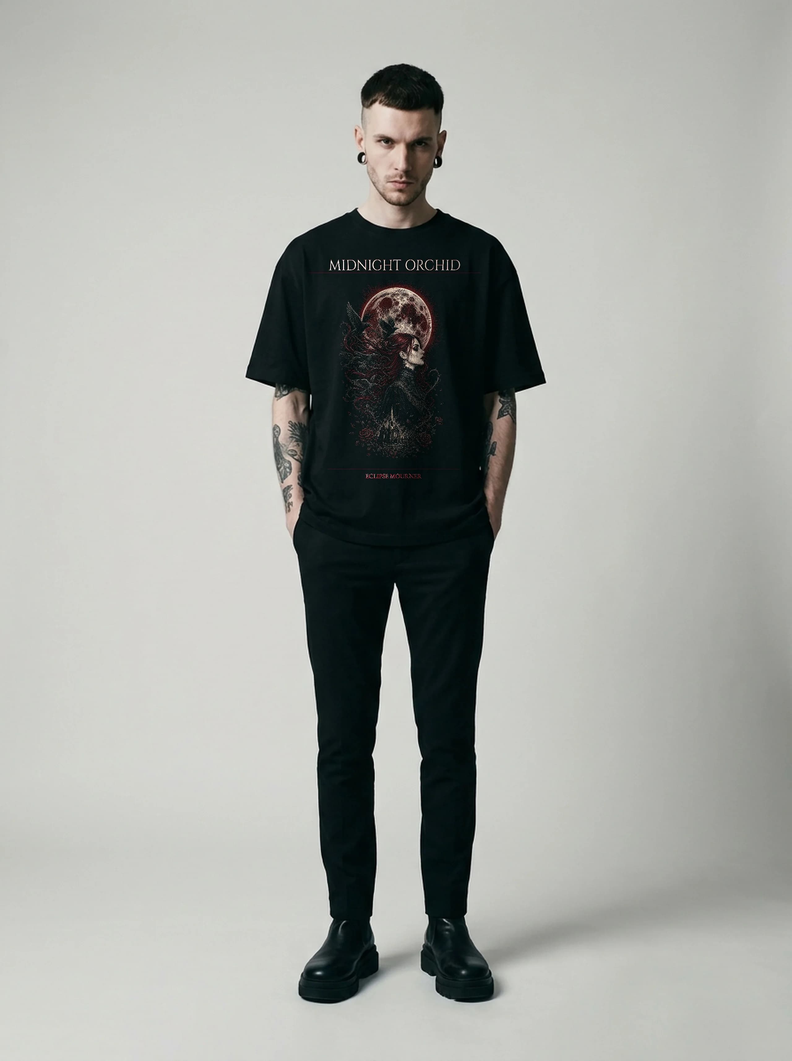Midnight Orchid T-Shirt: male model, full length