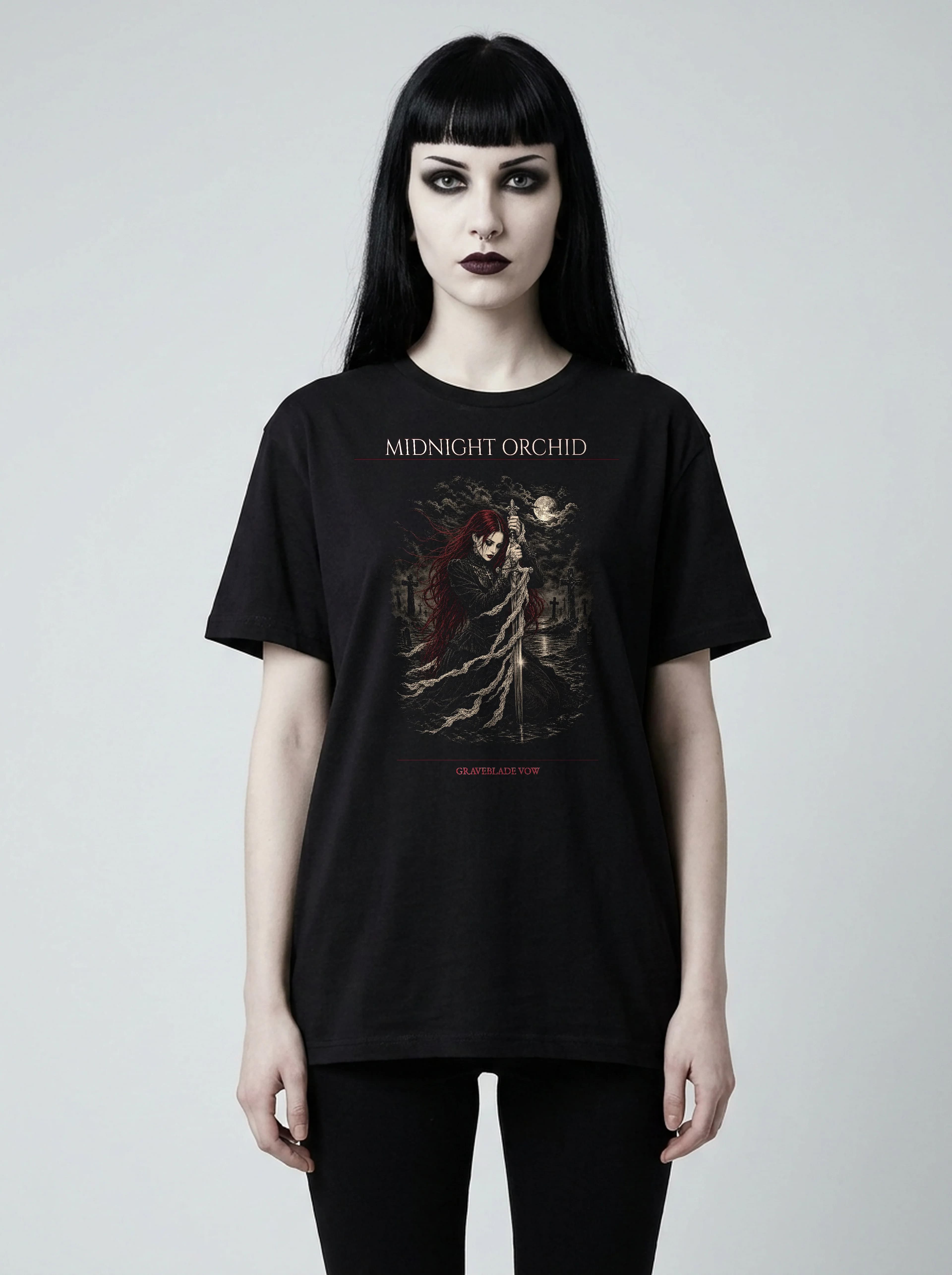 Midnight Orchid T-Shirt: female model, front view