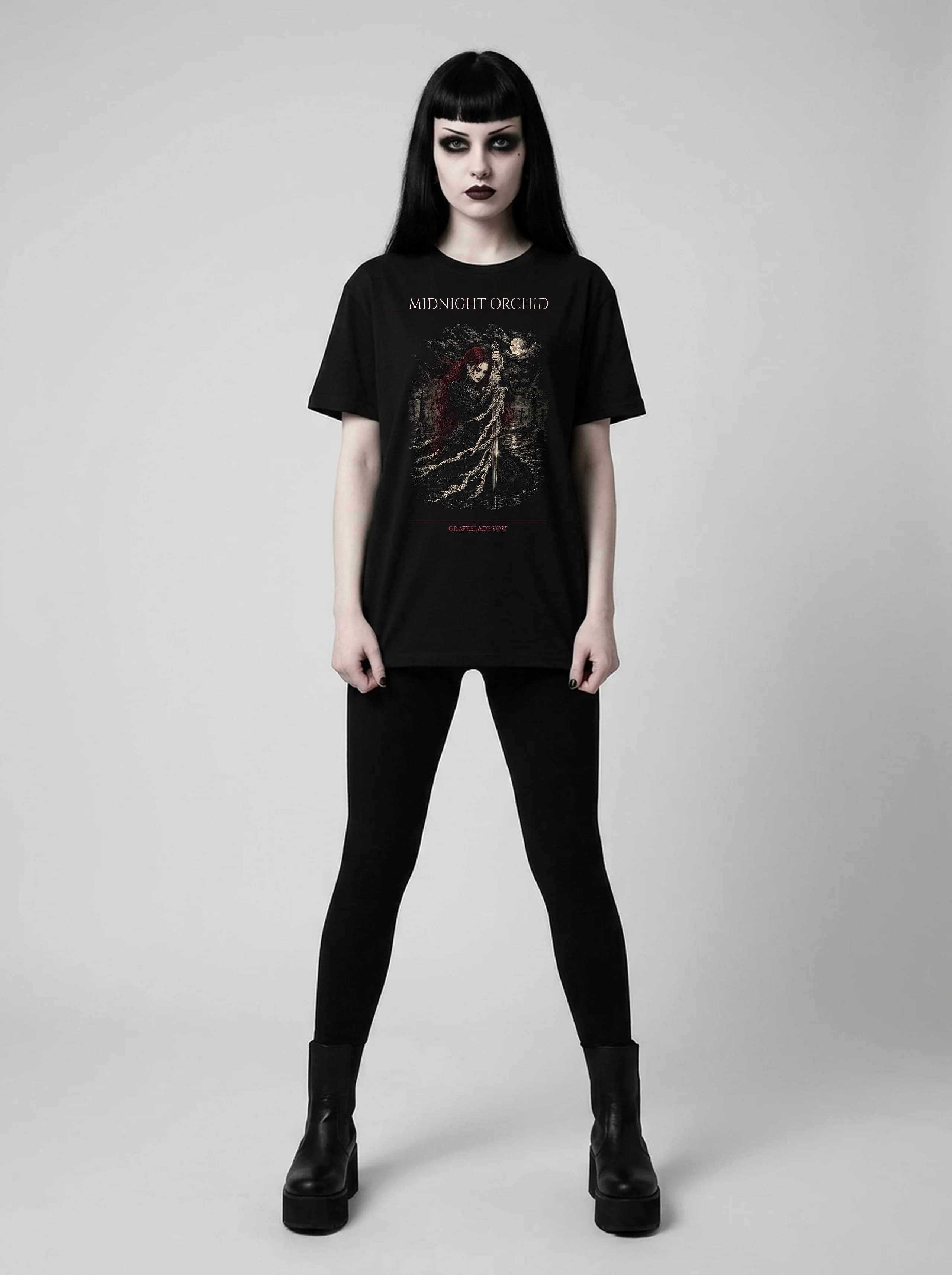 Midnight Orchid T-Shirt: female model, full length