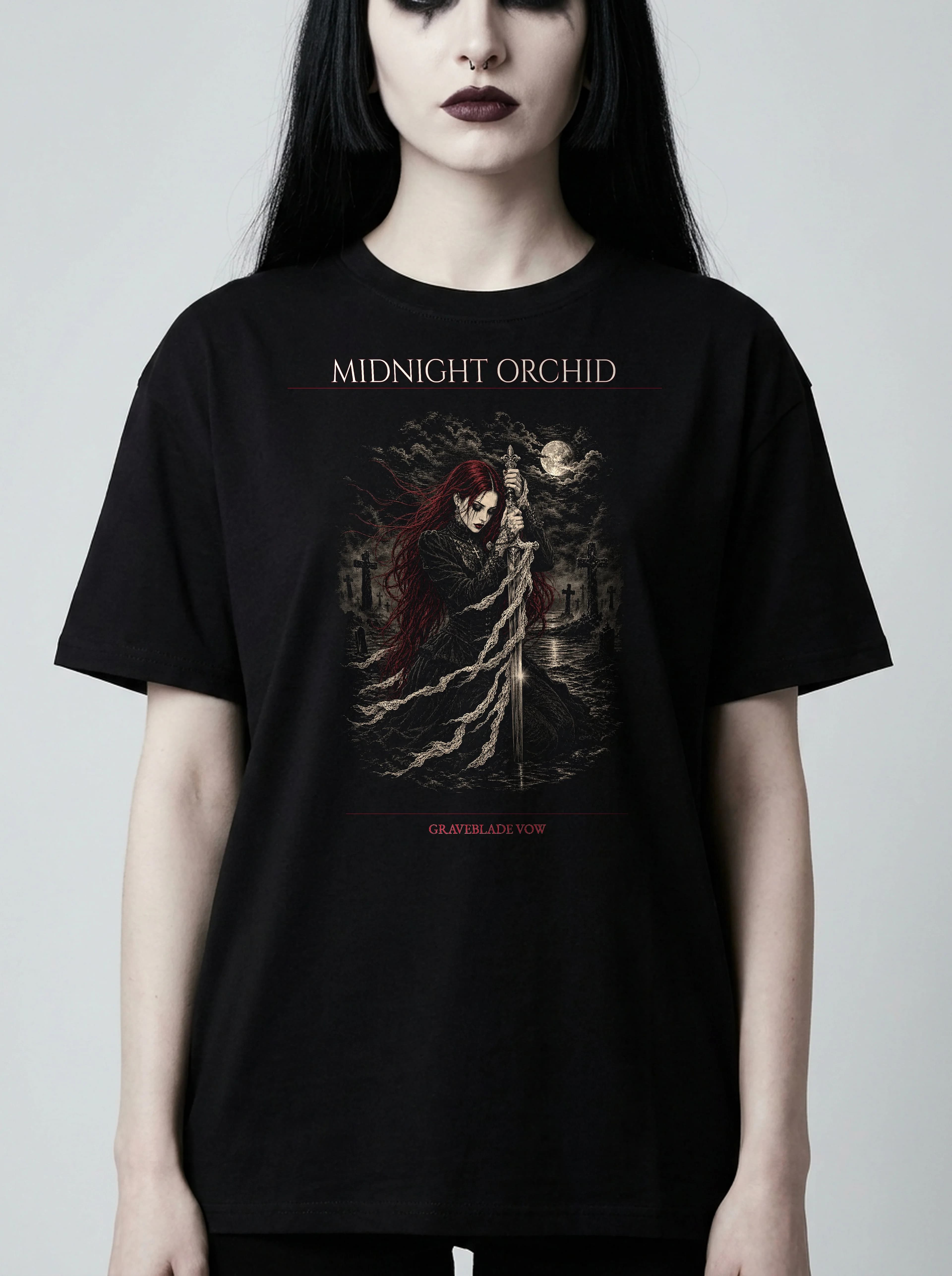 Midnight Orchid T-Shirt: female model, chest detail
