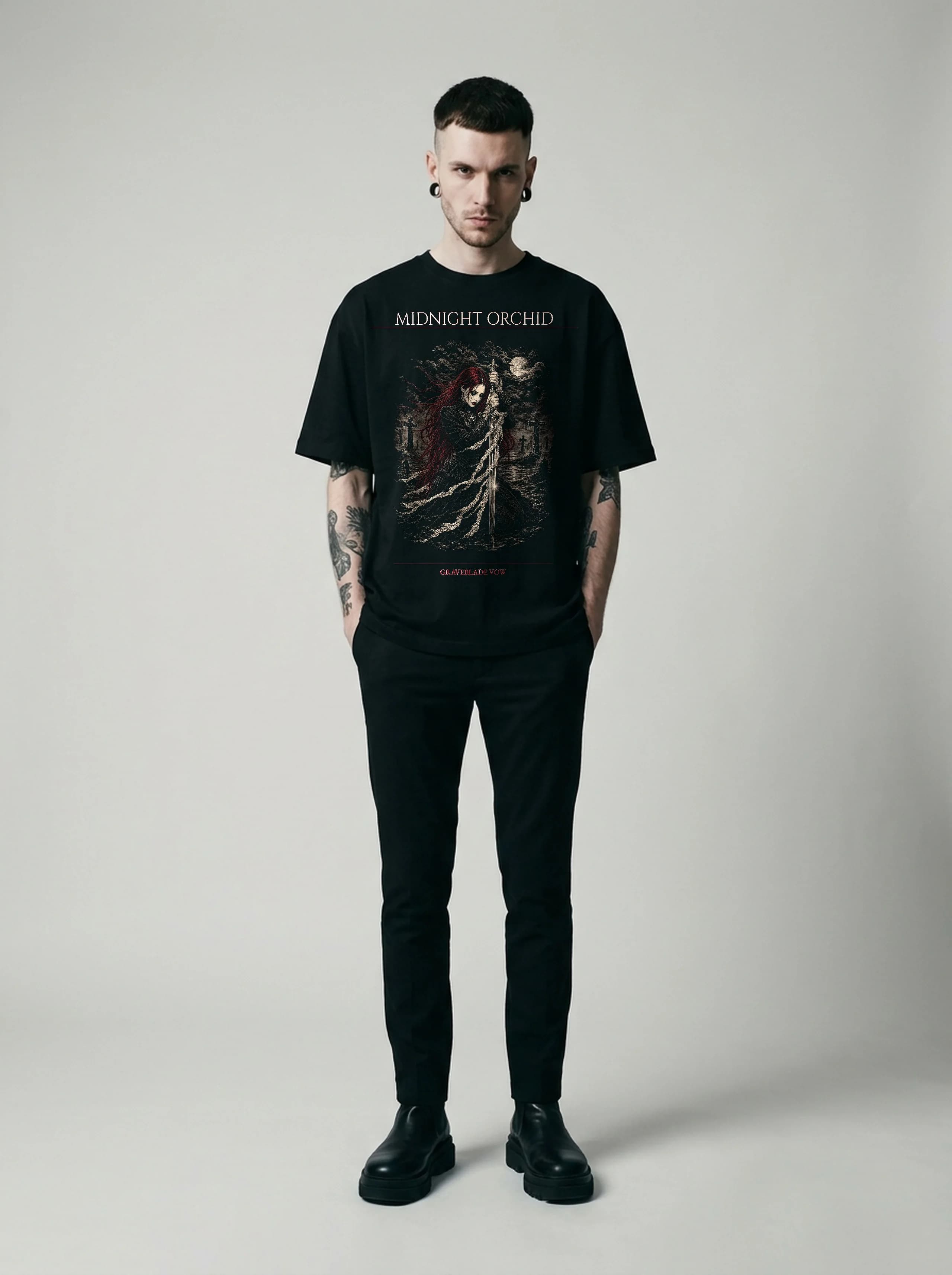 Midnight Orchid T-Shirt: male model, full length