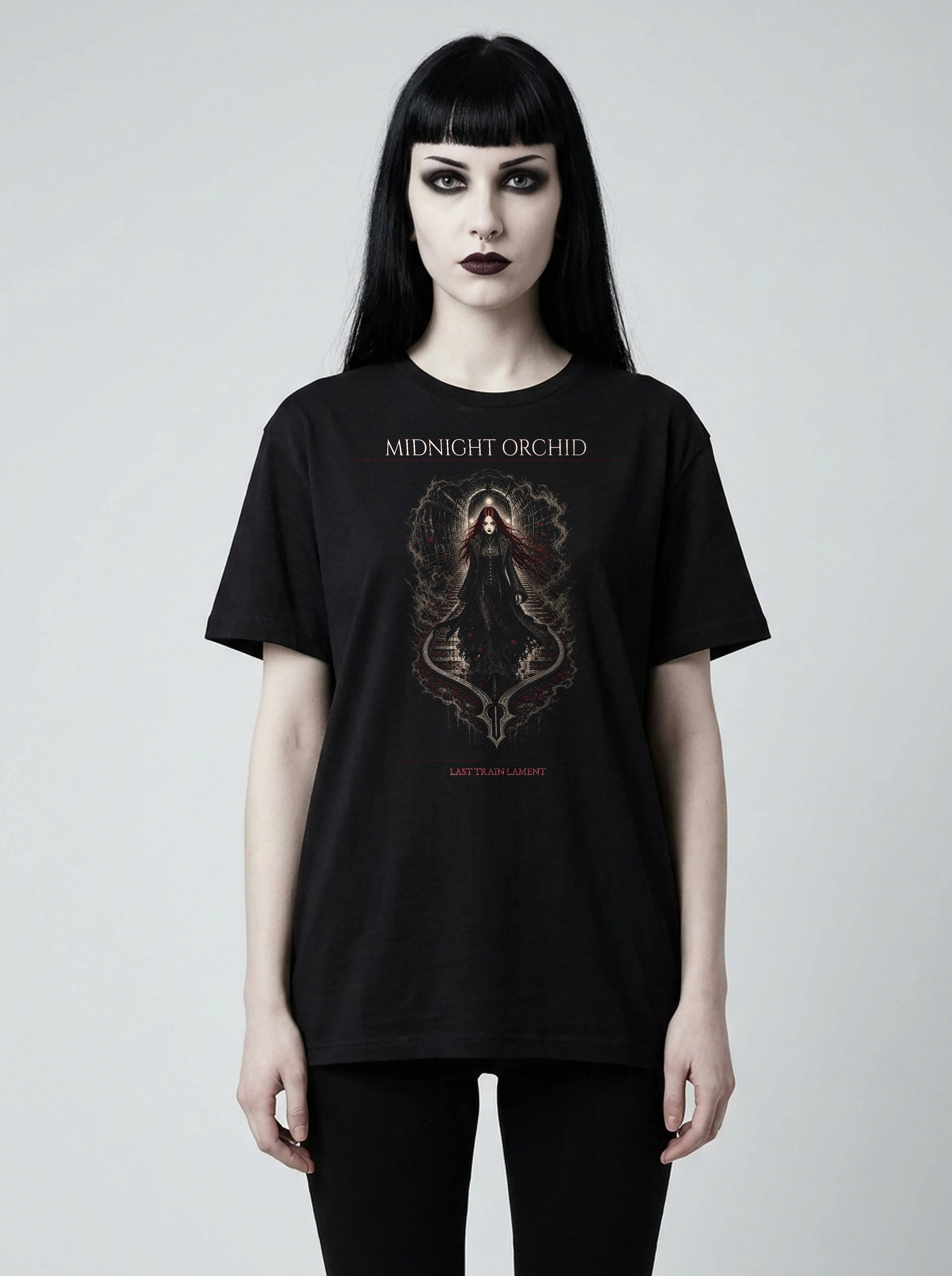 Midnight Orchid T-Shirt: female model, front view