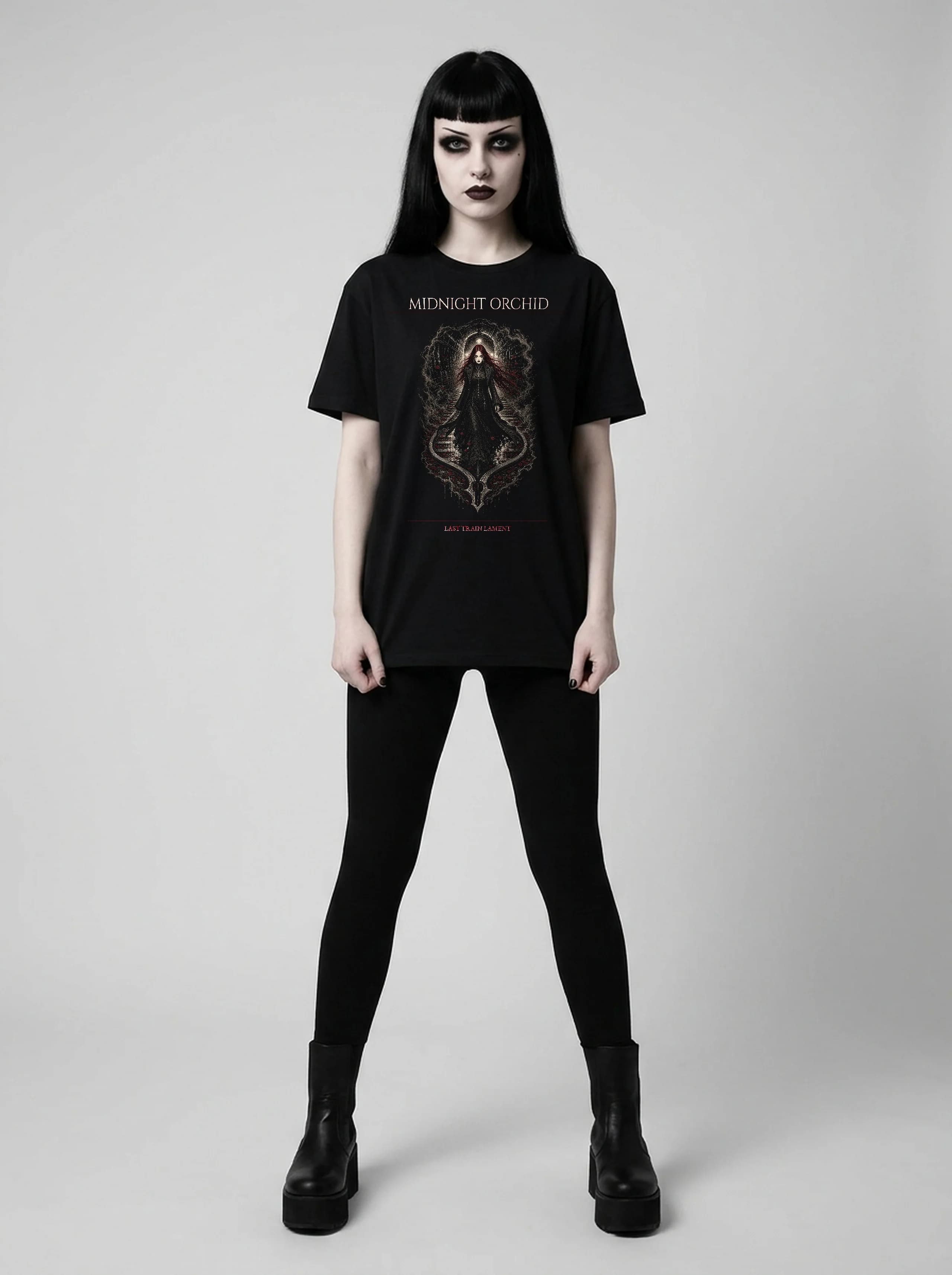 Midnight Orchid T-Shirt: female model, full length