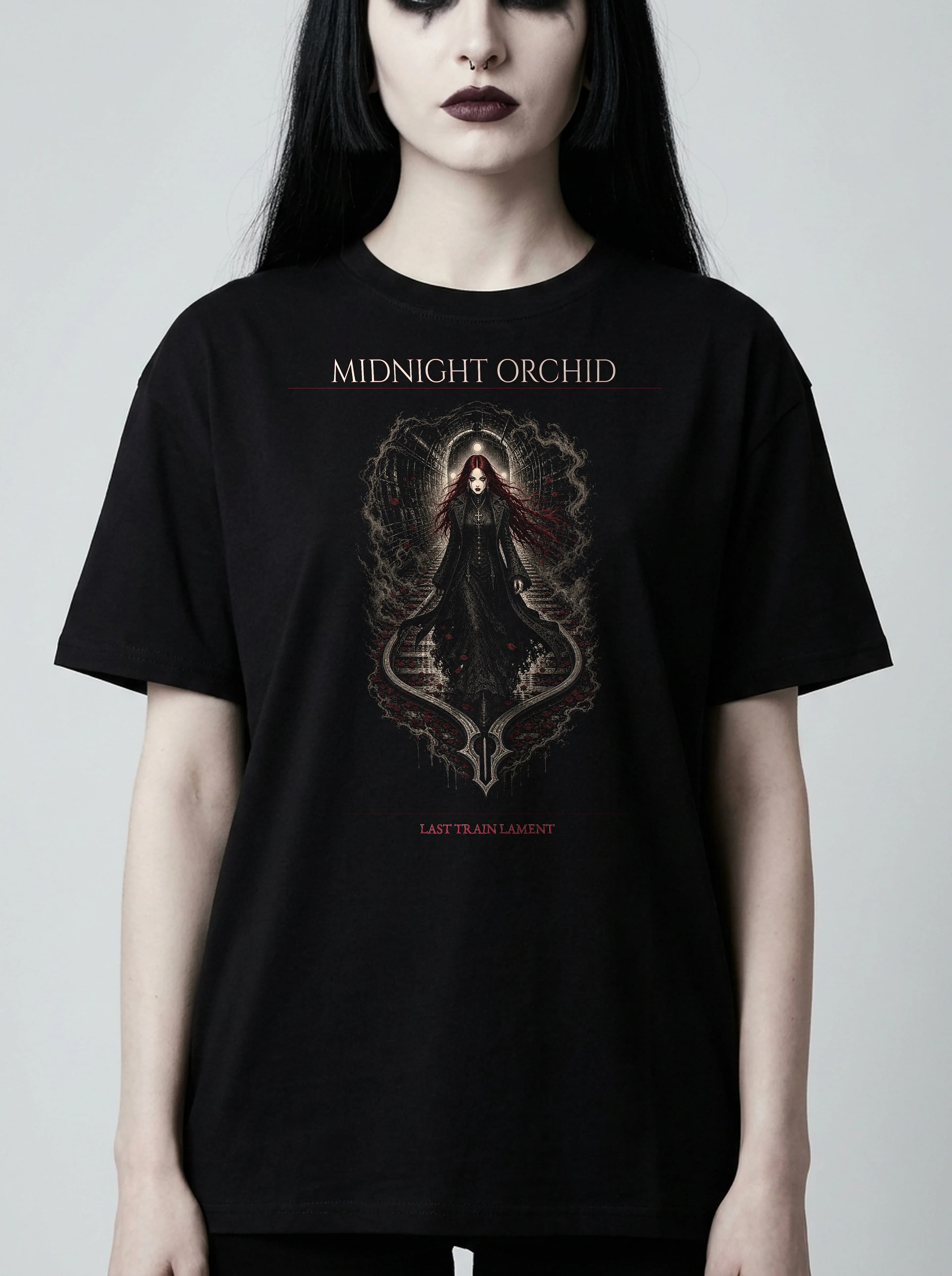Midnight Orchid T-Shirt: female model, chest detail