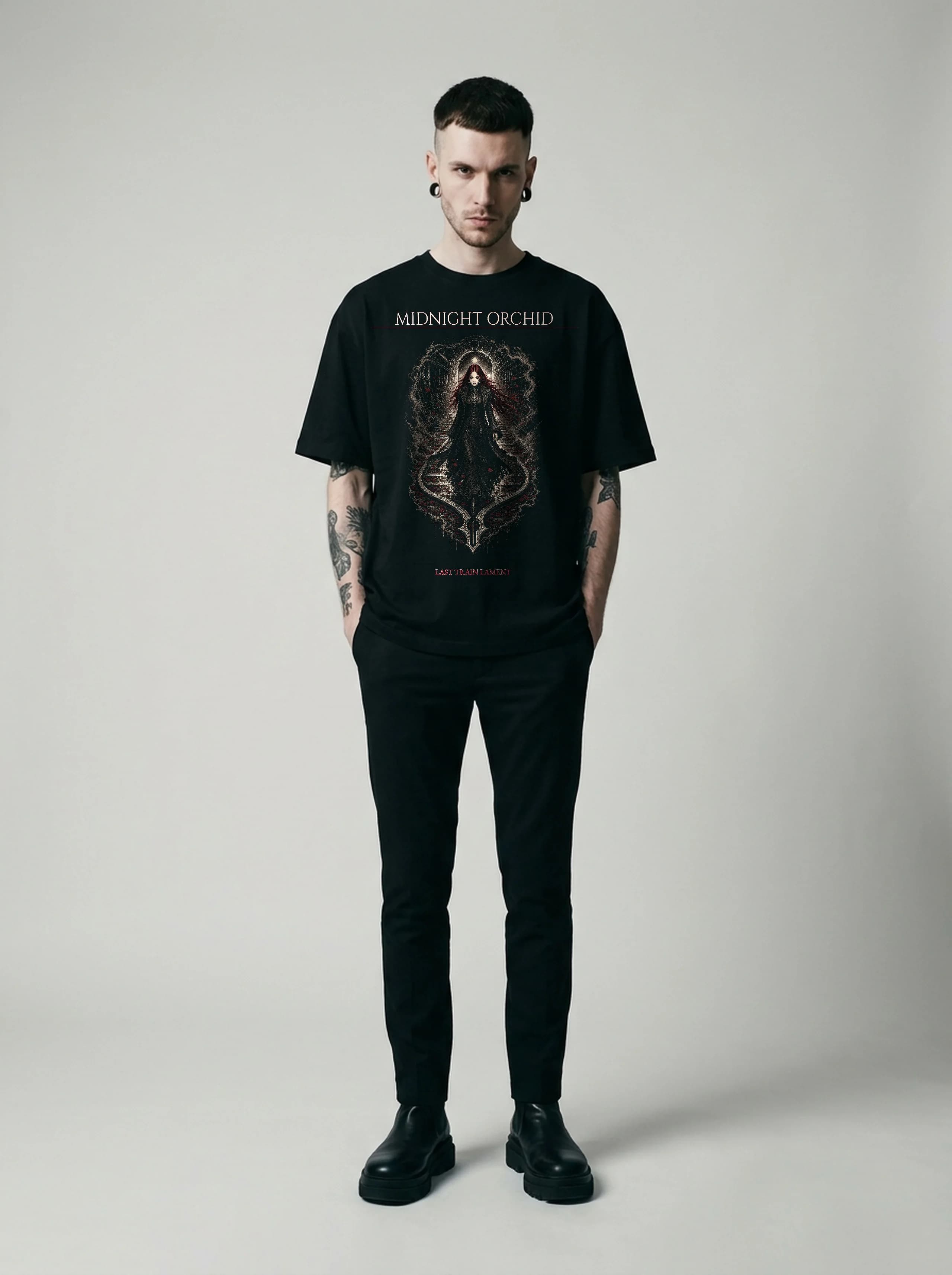 Midnight Orchid T-Shirt: male model, full length