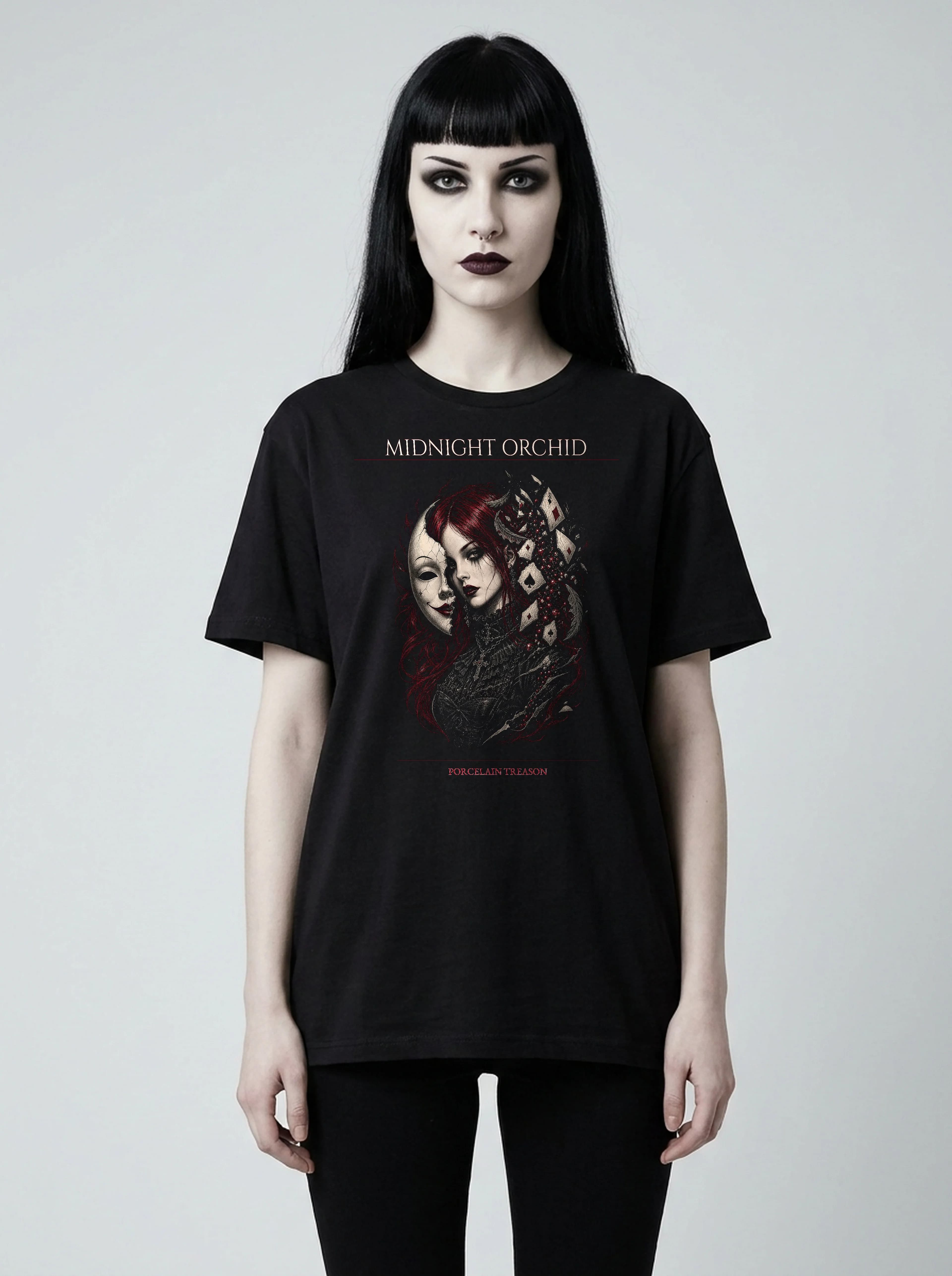 Midnight Orchid T-Shirt: female model, front view