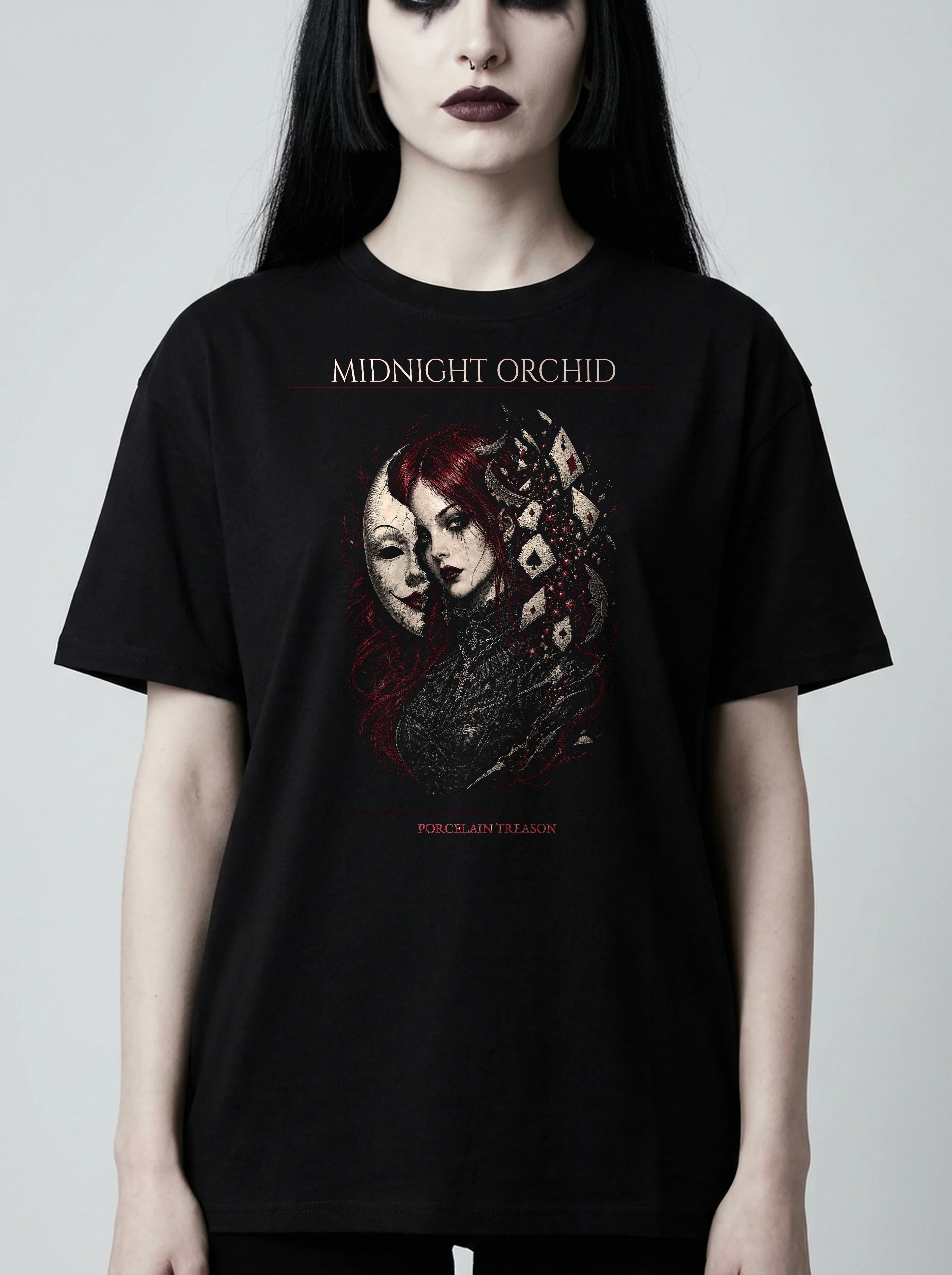 Midnight Orchid T-Shirt: female model, chest detail