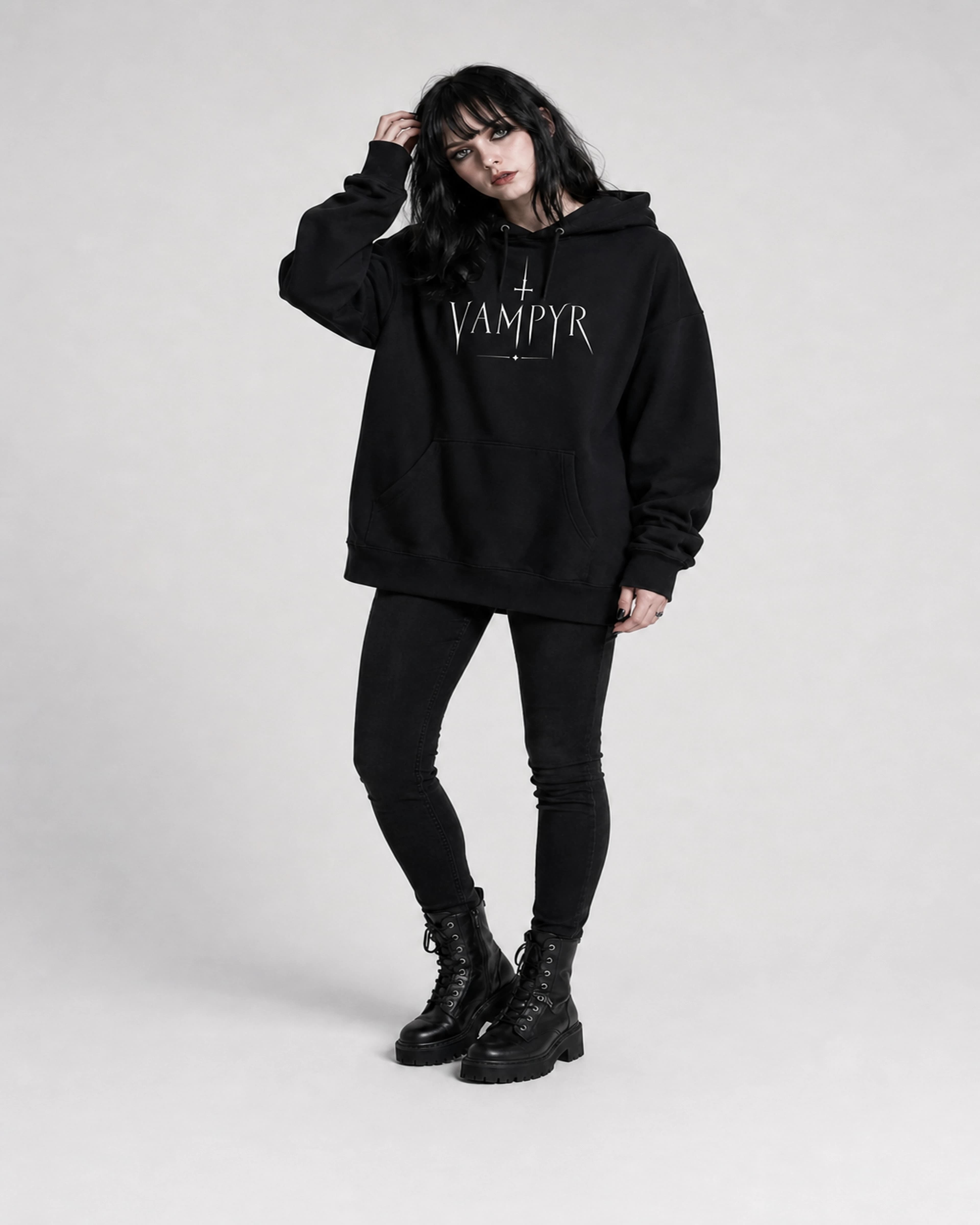Vampyr | Hoodie: female model, three-quarter view