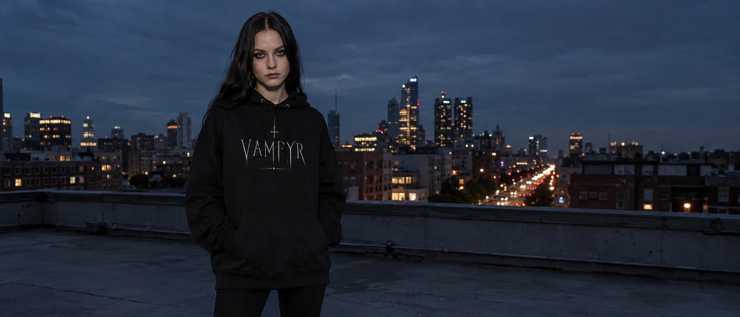 Nocturnal Records editorial — model in VAMPYR hoodie on a city rooftop at blue hour