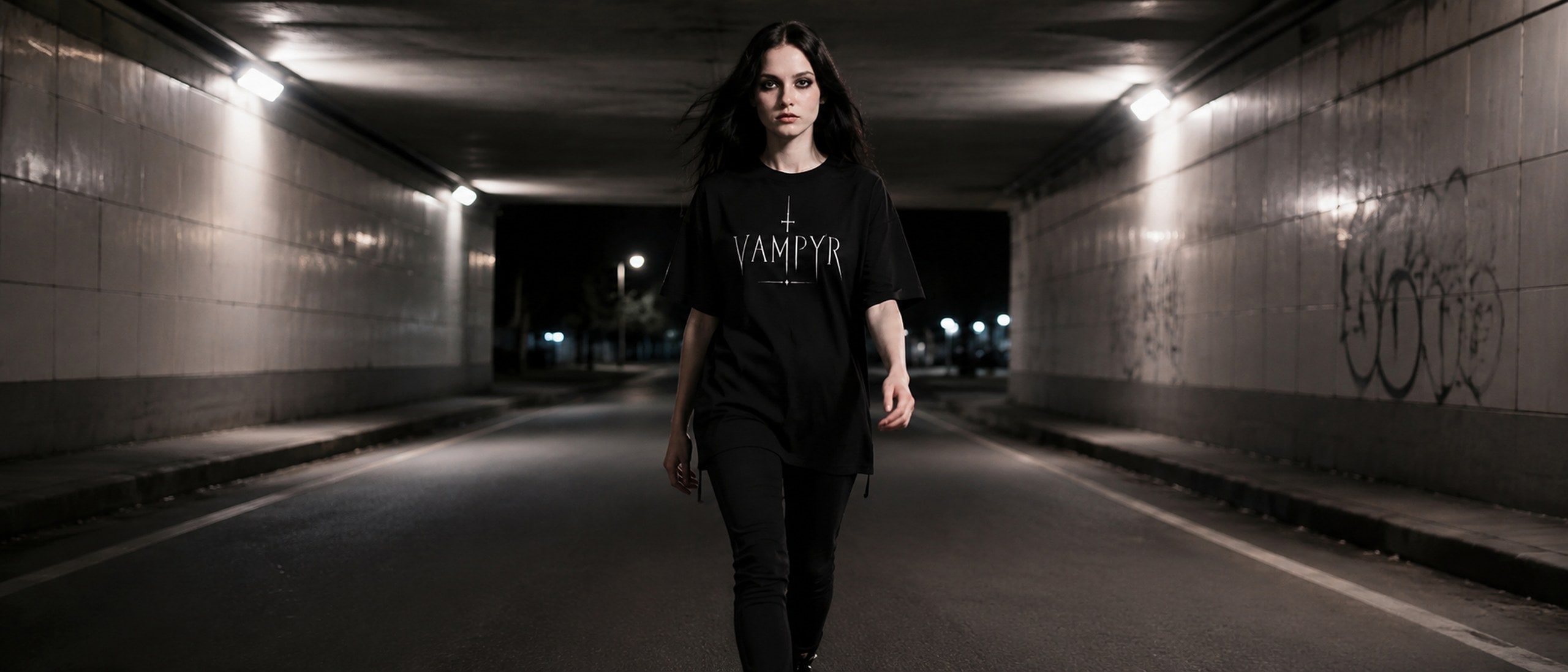 Nocturnal Records editorial — model walking through a concrete underpass at night