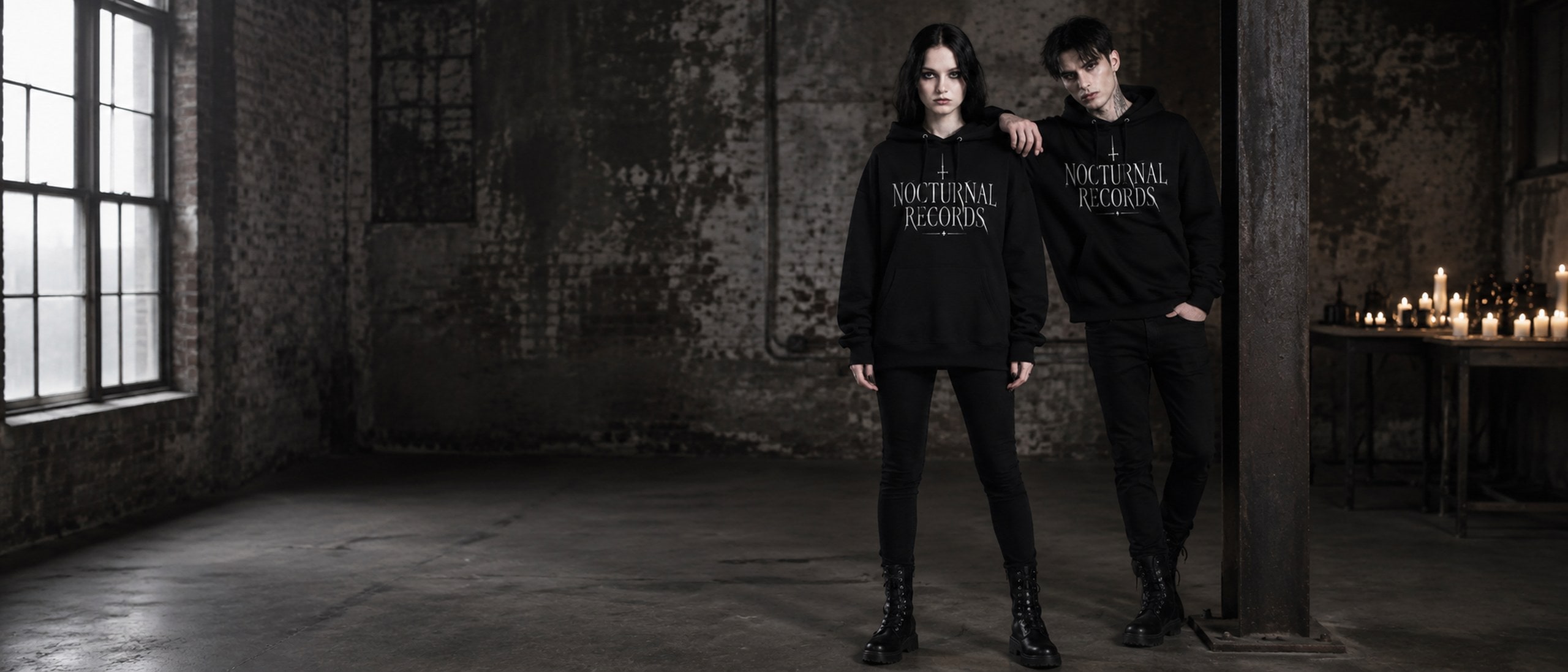 Nocturnal Records editorial — two models layered in NR hoodies inside an industrial warehouse