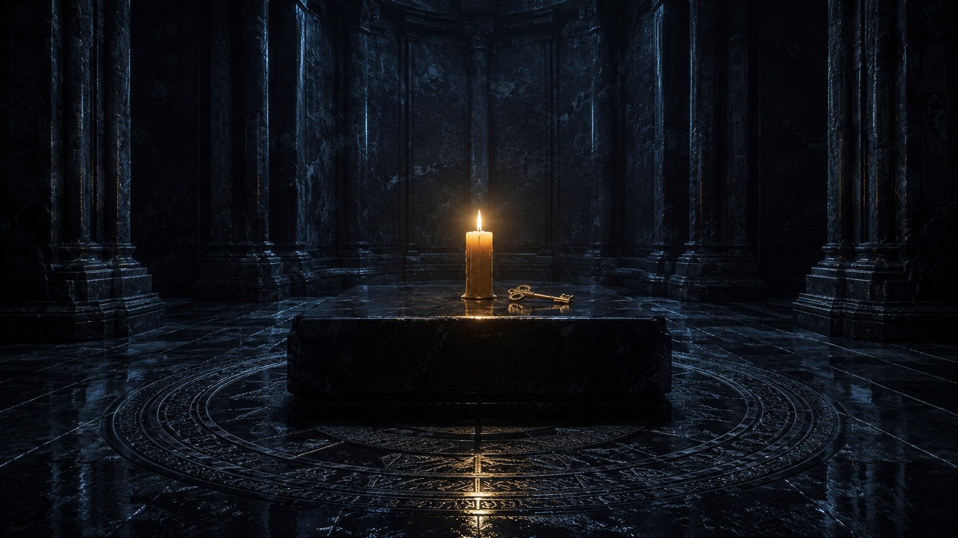 Obsidian altar in cathedral apse — single votive candle, brass key, columns receding into deep shadow.