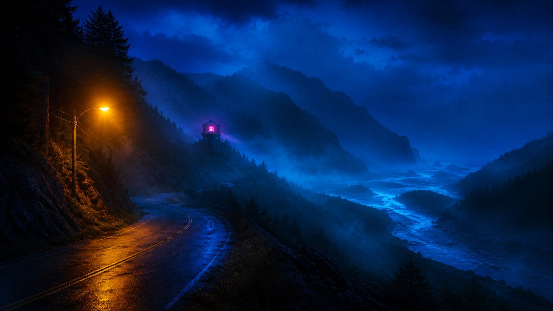 Vast mountain valley at the bluest hour before dawn — mist, a distant burning watch-tower, a moonlit river snaking through low fog.