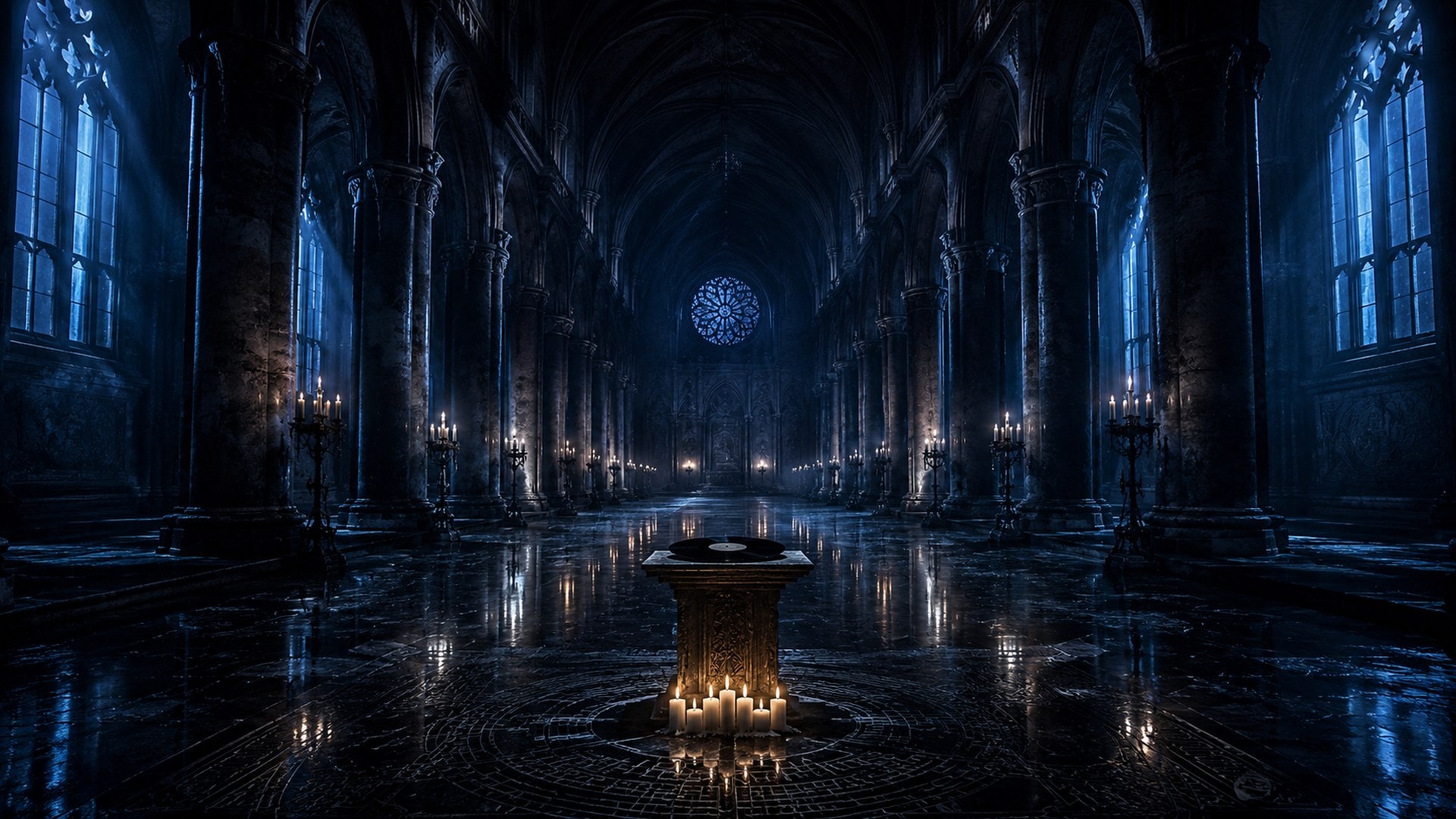 Empty gothic cathedral nave at the hour before dawn — iron candelabras, vast rose window, single vinyl record at the altar.