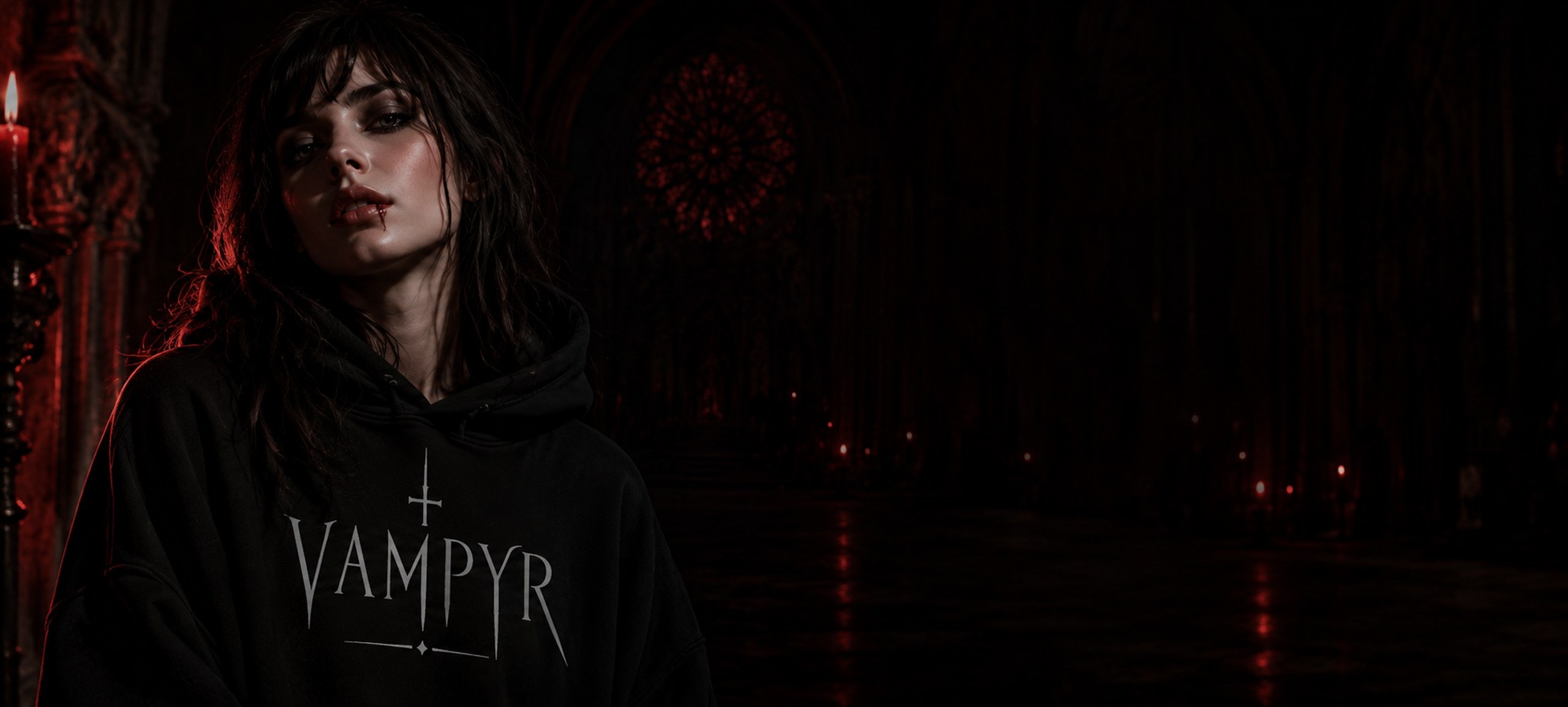 Nocturnal Records — model wearing the Vampyr Hoodie in a candle-lit cathedral nave at night