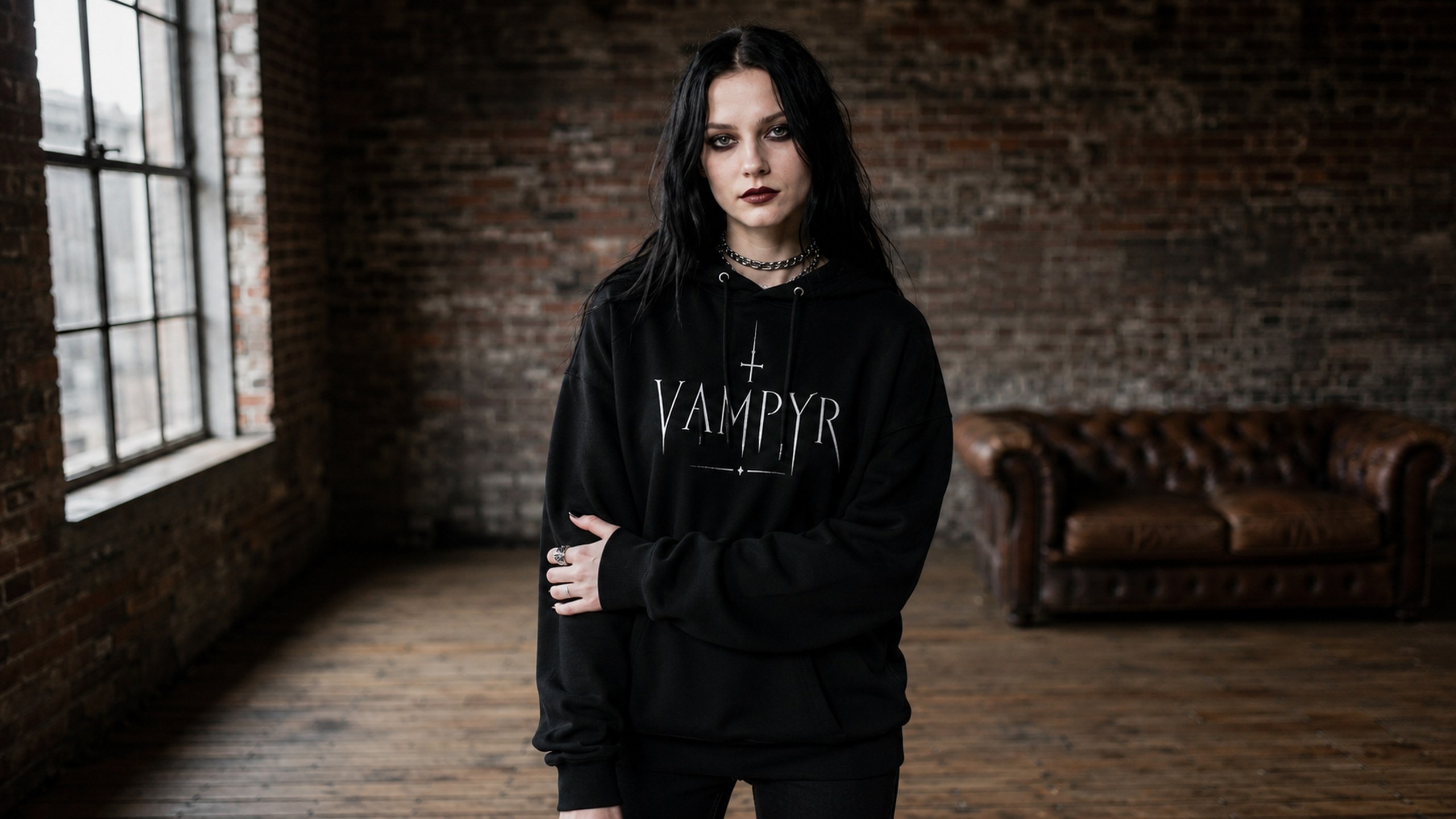 Nocturnal Records — editorial fashion portrait of a goth-styled model wearing the Vampyr Hoodie in a moody industrial loft interior