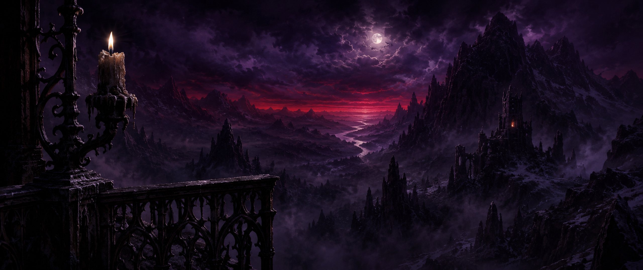 Nocturnal Records summer nocturne background with violet clouds and gothic valley silhouettes