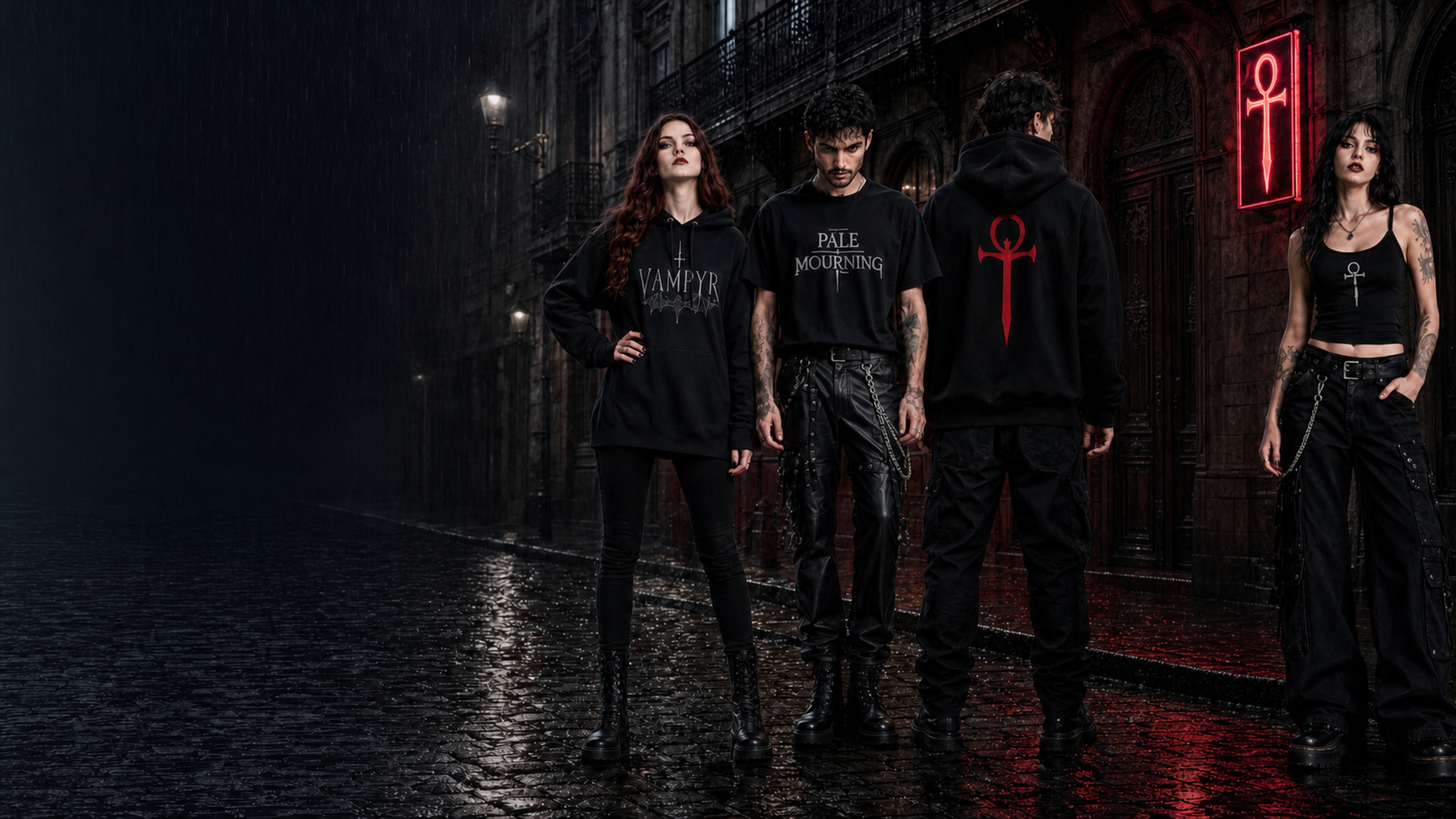 Nocturnal Records gothic merch campaign with four models wearing Vampyr, Pale Mourning and Nocturnal apparel in a rainy neon alley